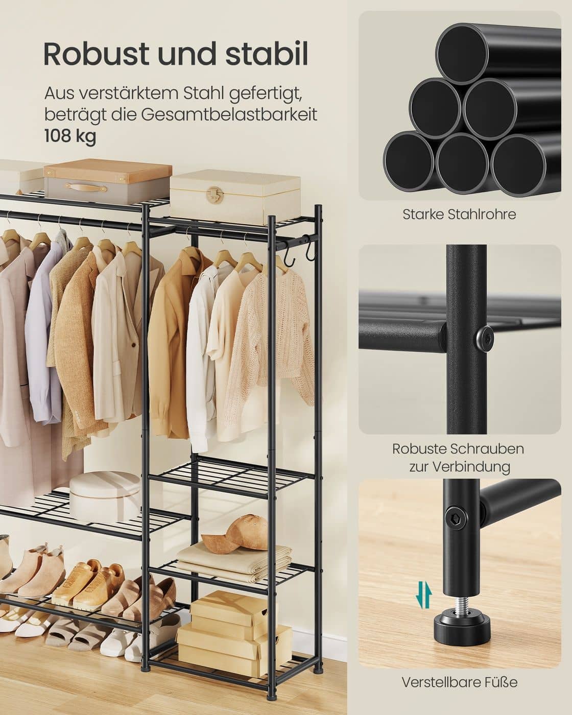 Offener Kleiderschrank mit 7 Ablagen und 2 Kleiderstangen