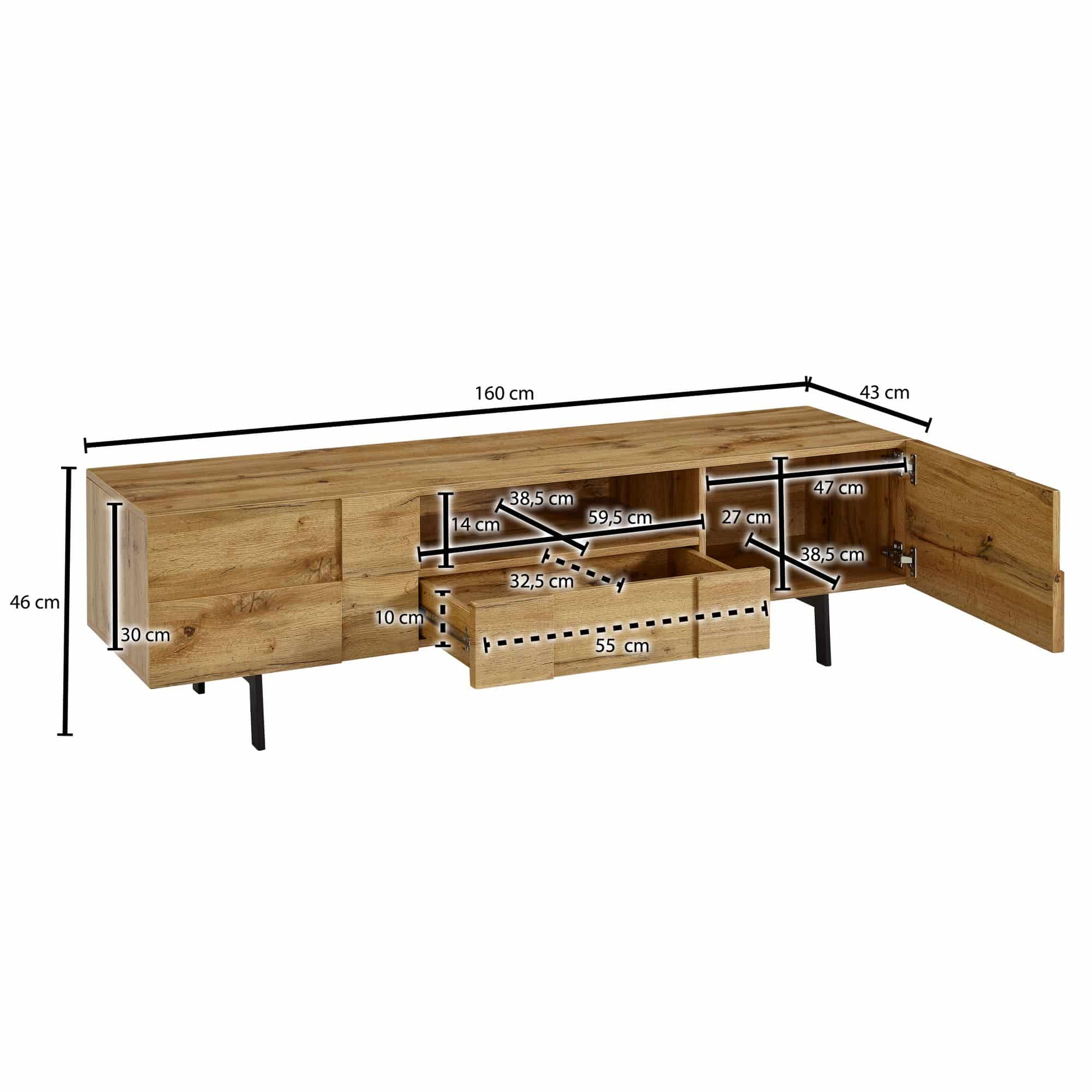 64673-Wohnling-Lowboard-TV-Board-160x40x45-cm-Eiche-WL6-581-3 Lowboard Holz Eiche-Dekor 160x46x43 cm TV-Kommode mit zwei Türen