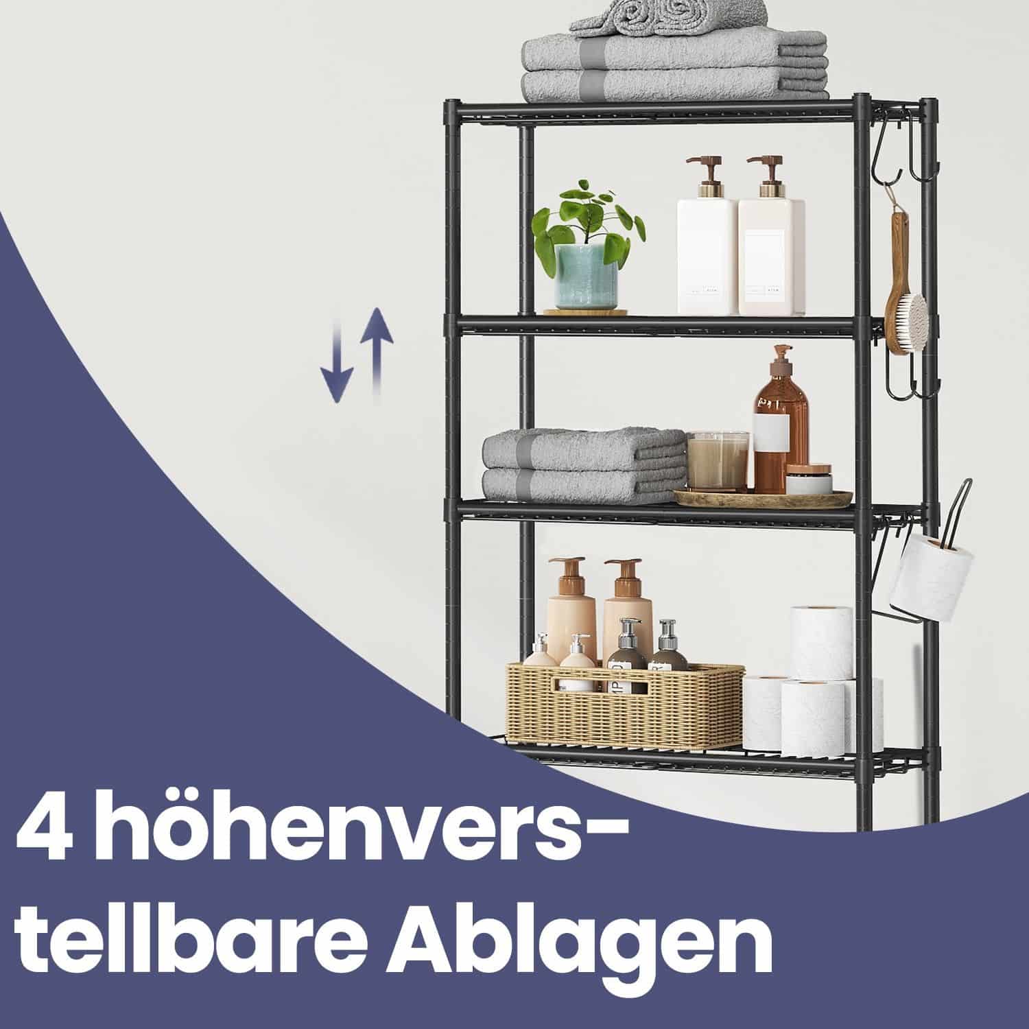 4-stöckiges Toilettenregal mit Haken platzsparend schwarz 4-stöckiges Toilettenregal mit Haken platzsparend schwarz