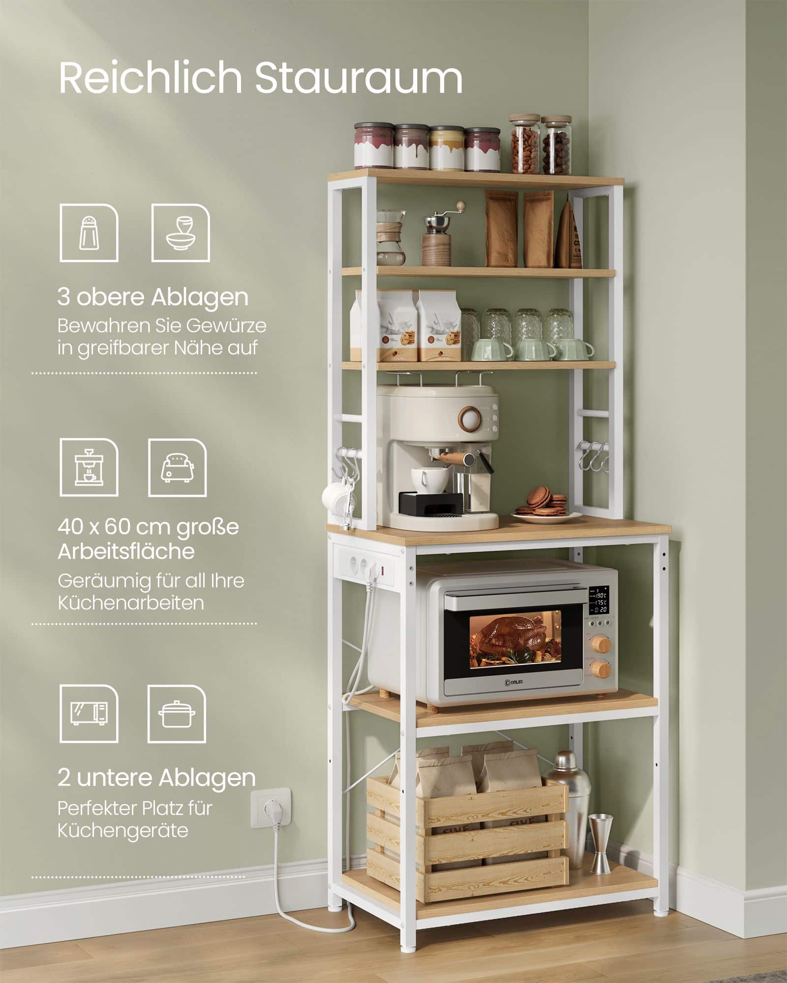 VASAGLE Küchenregal mit Steckdosen, verstellbaren Ablagen und Haken – 60x40x167 cm, Goldeiche-Wolkenweiß VASAGLE Küchenregal mit Steckdosen, verstellbaren Ablagen und Haken – 60x40x167 cm, Goldeiche-Wolkenweiß