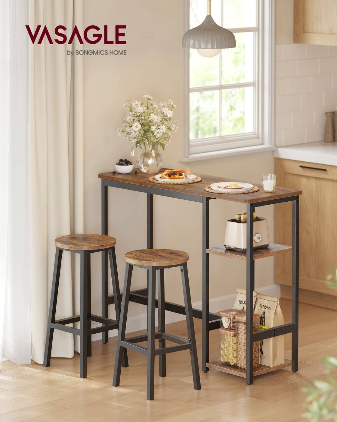 Bartisch Set mit Barhockern und praktischem Aufbewahrungsregal vintagebraun-schwarz
