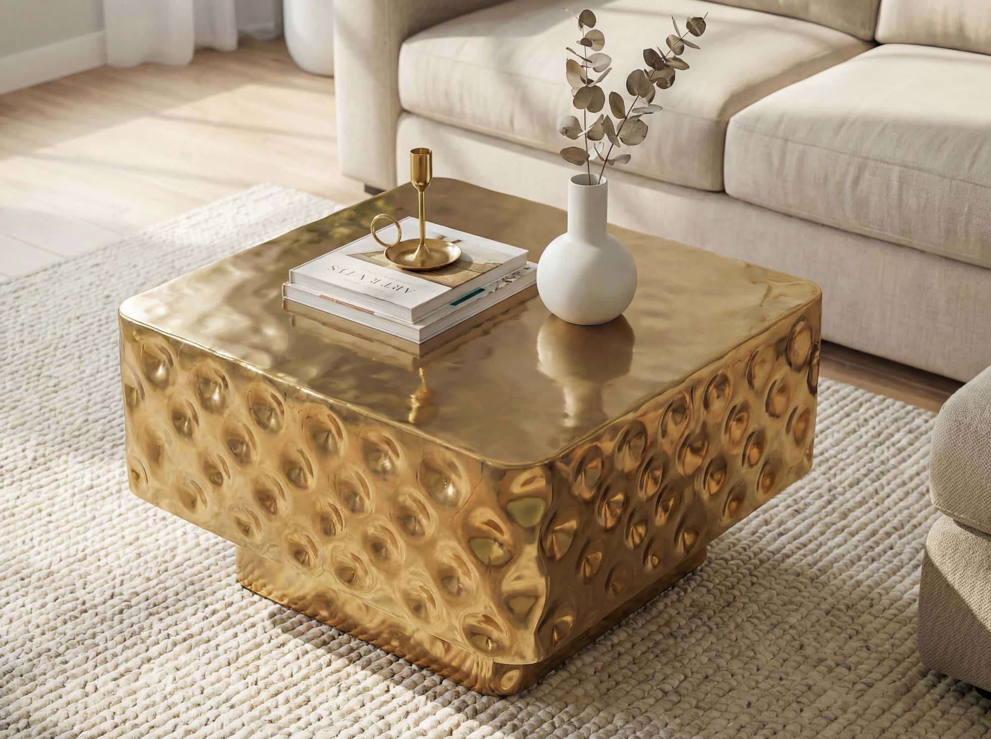 Couchtisch Aluminium Quadratisch 60cm Gold - Design Wohnzimmertisch Gehämmert - Moderner Loungetisch - Sofatisch Hammerschlag - Beistelltisch Wohnzimmer Handmade