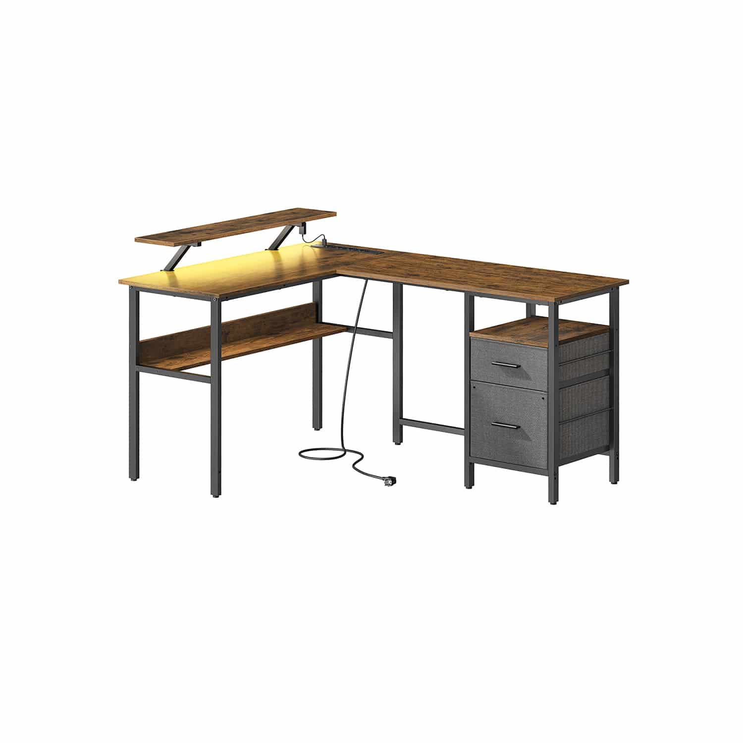 L-förmiger Schreibtisch mit Steckdosen vintagebraun L-förmiger Schreibtisch mit Steckdosen vintagebraun