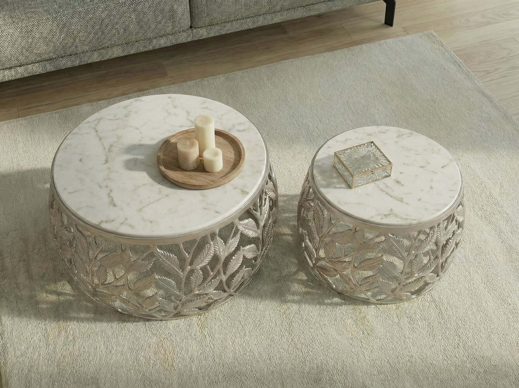 2er Set Couchtisch Silber mit weißer Marmor Tischplatte - Wohnzimmer Tisch Satztisch rund - Beistelltisch Alu modern - Sofatisch Set Aluminium Metallgestell Design Handmade