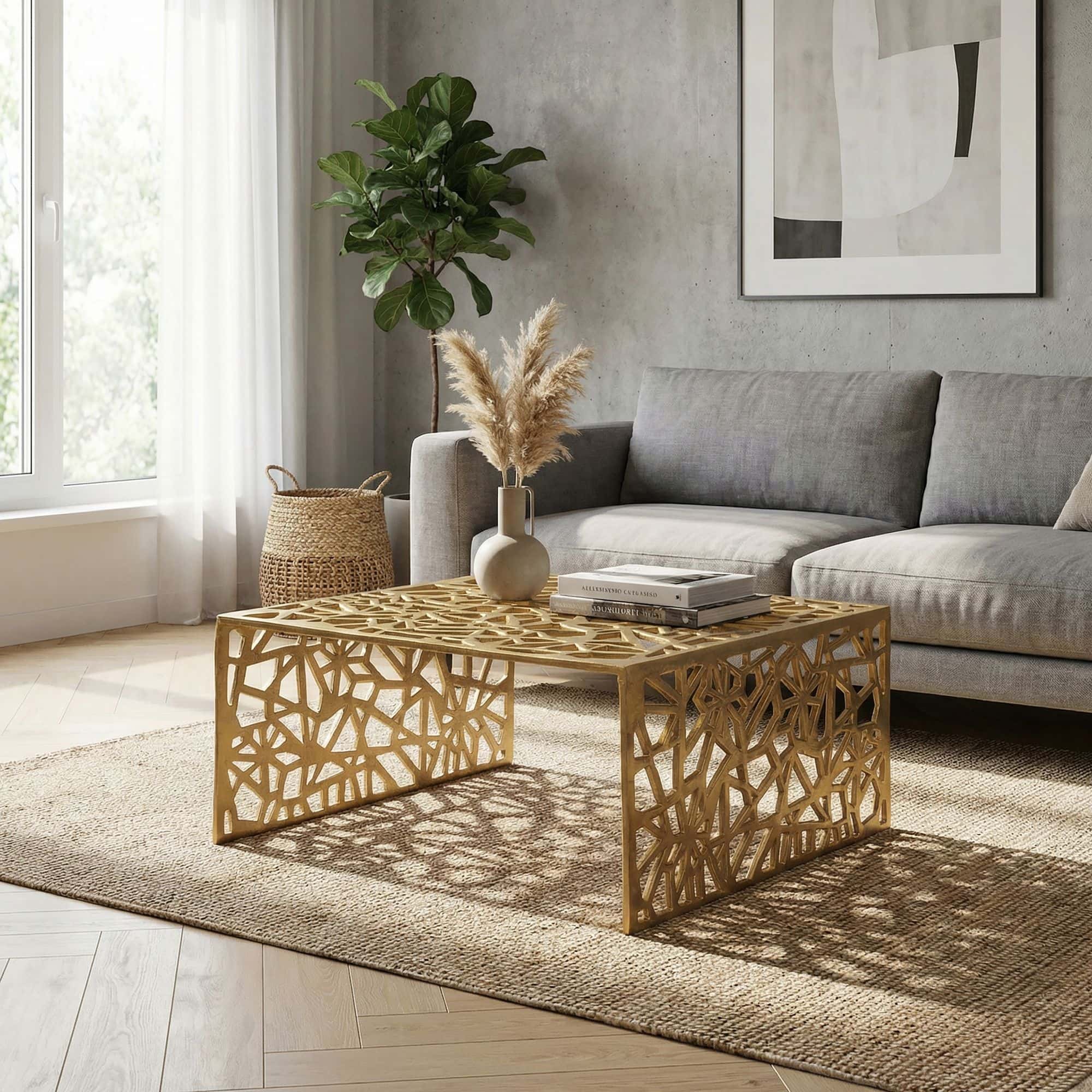 Couchtisch Aluminium Gold 60cm Quadratischer Sofatisch Metall - Wohnzimmertisch Alu modern mit Muster - Design Tisch niedrig - Loungetisch Beistelltisch Handmade