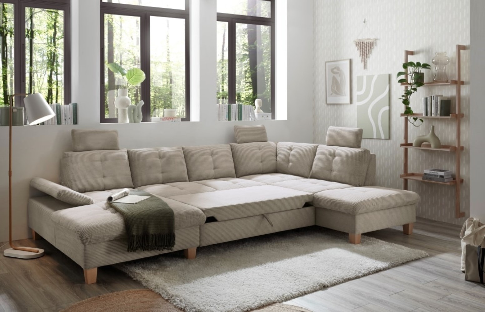 Wohnlandschaft "Ascot" von Ed Exciting Design in Breitcord mit Schlaffunktion, Bettkasten und variabler Kopfstütze