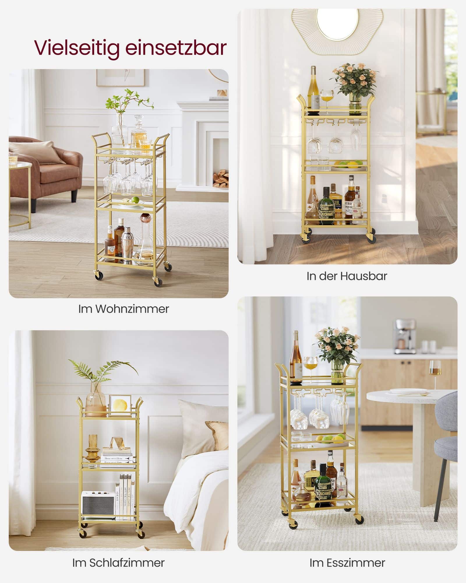 Servierwagen 3 Ebenen mit Rollen goldfarben Servierwagen 3 Ebenen mit Rollen goldfarben