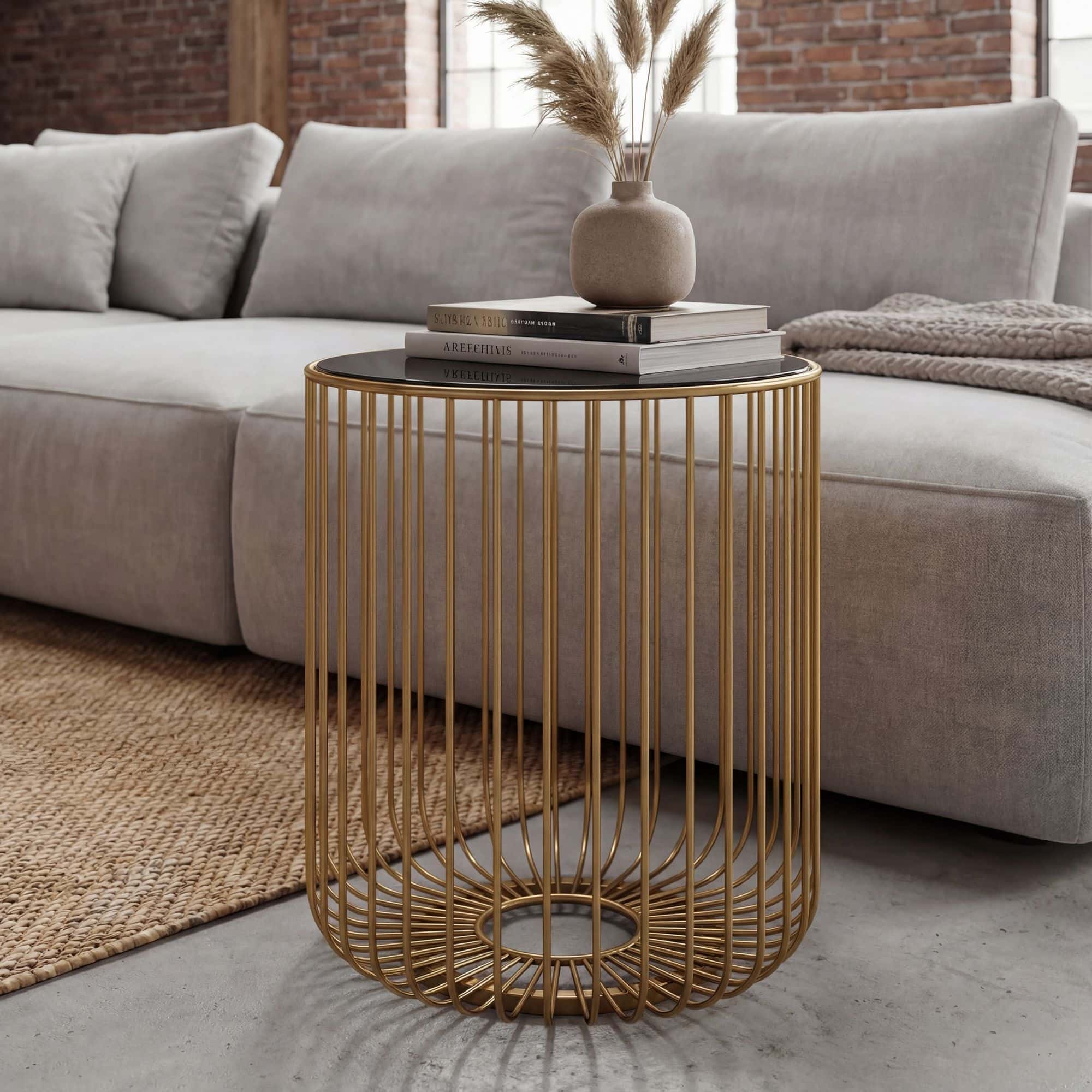 Beistelltisch Glas Metall 40cm Gold Rund - Moderner Anstelltisch - Design Sofatisch Couchtisch Drahtkorb - Loungetisch mit Gittergestel - Runder Wohnzimmertisch Klein Handmade
