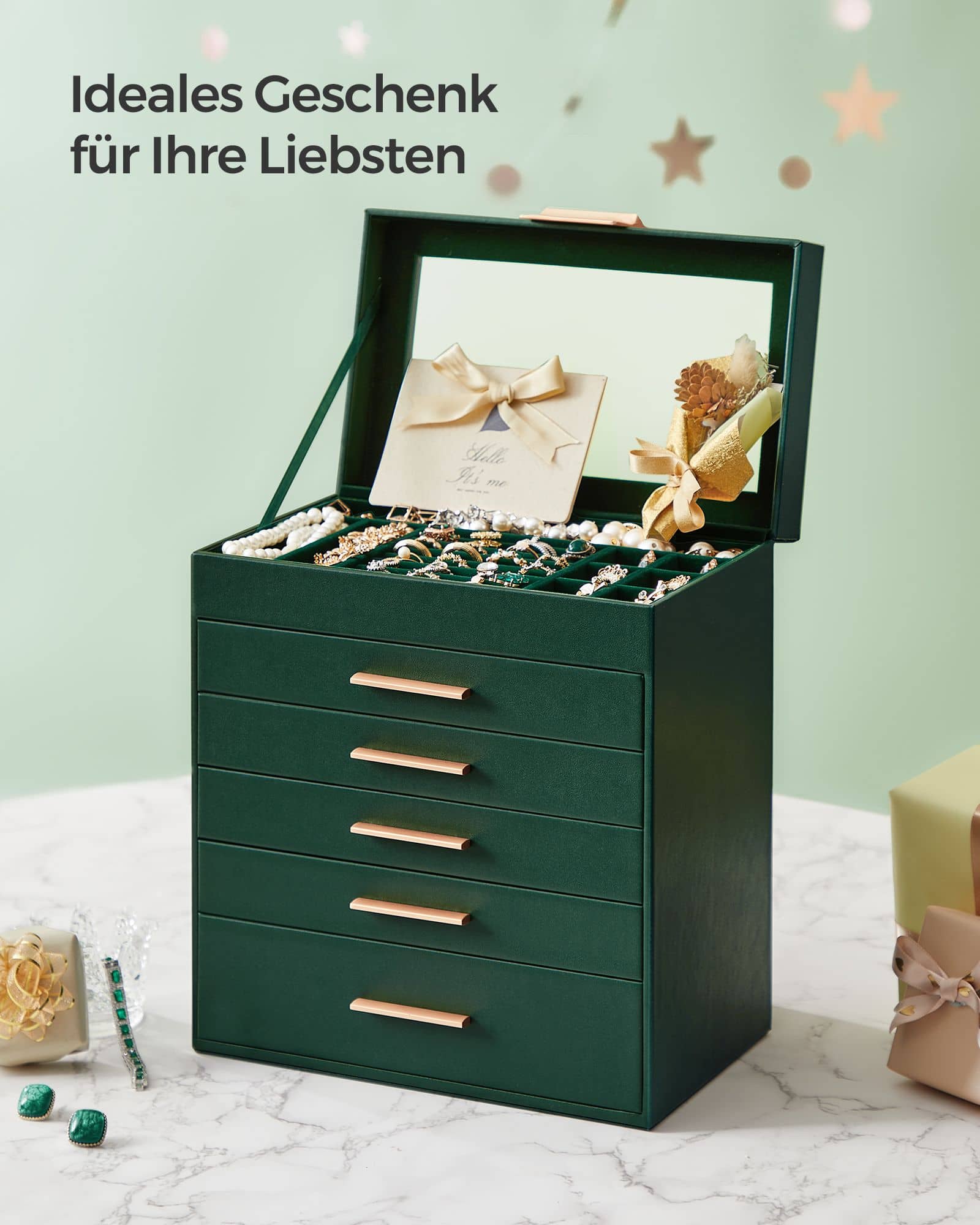 Schmuckkästchen 5 Schubladen modern waldgrün-golden Schmuckkästchen 5 Schubladen modern waldgrün-golden