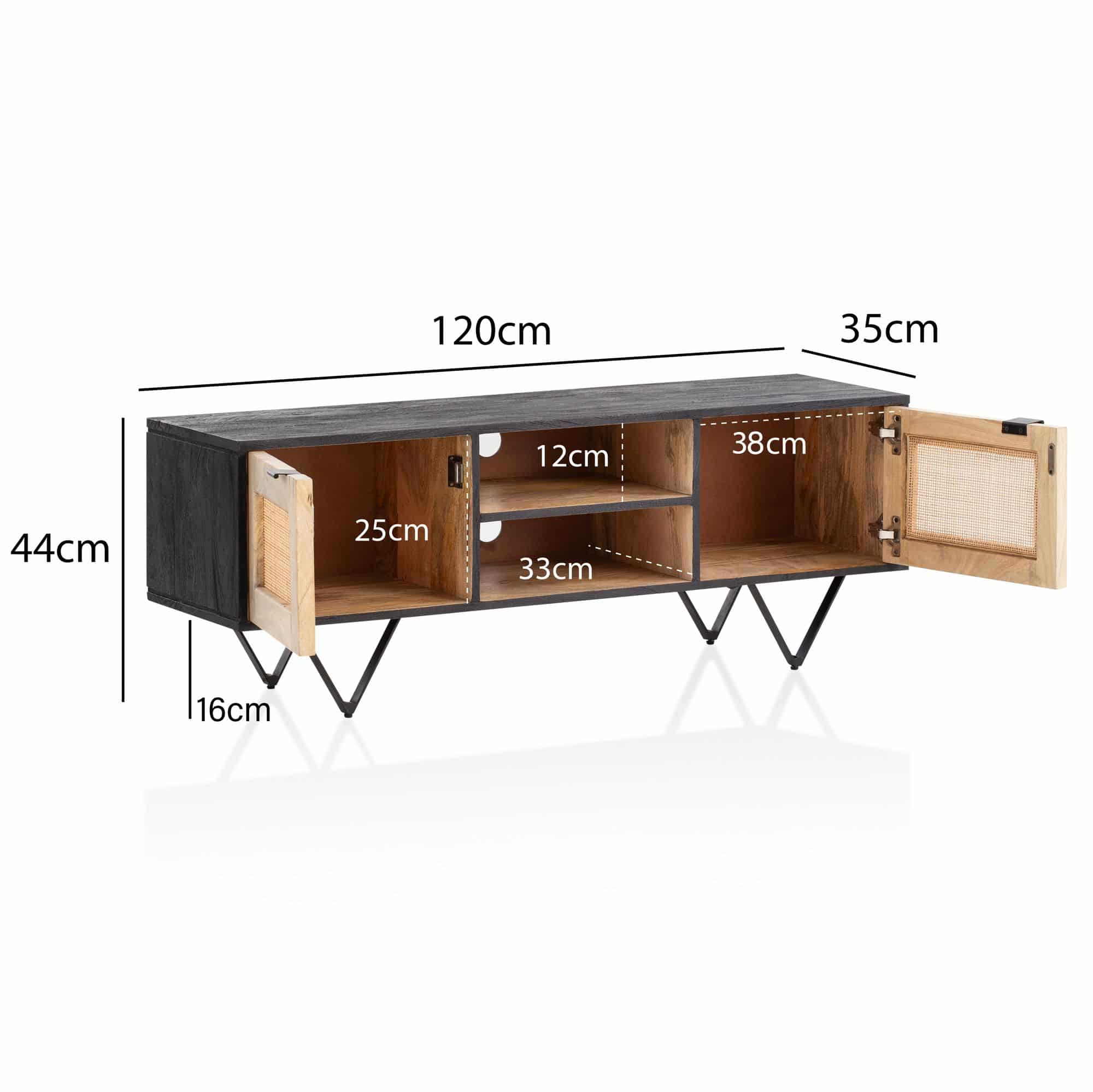 Lowboard Mango Massivholz / Rattan 120x44x35 cm TV-Kommode mit zwei Türen Lowboard Mango Massivholz / Rattan 120x44x35 cm TV-Kommode mit zwei Türen