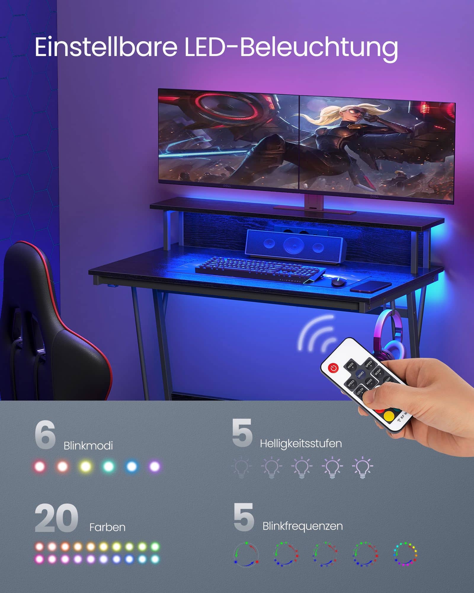 Gaming-Tisch mit LED-Beleuchtung Monitorständer für 2 Monitore Gaming-Tisch mit LED-Beleuchtung Monitorständer für 2 Monitore