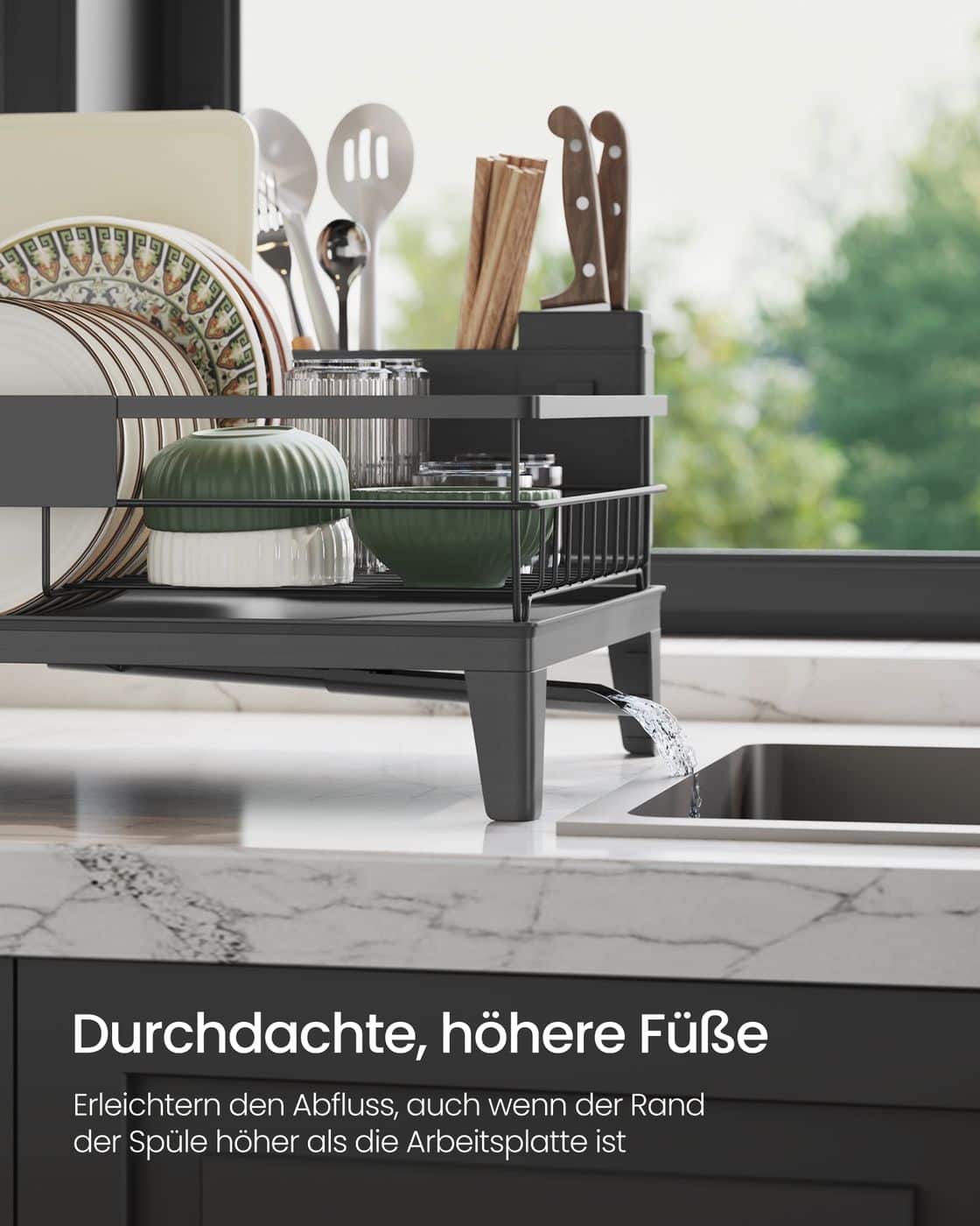 Drehbares Abtropfgestell mit Abtropfschale und Besteckablage anthrazitgrau Drehbares Abtropfgestell mit Abtropfschale und Besteckablage anthrazitgrau