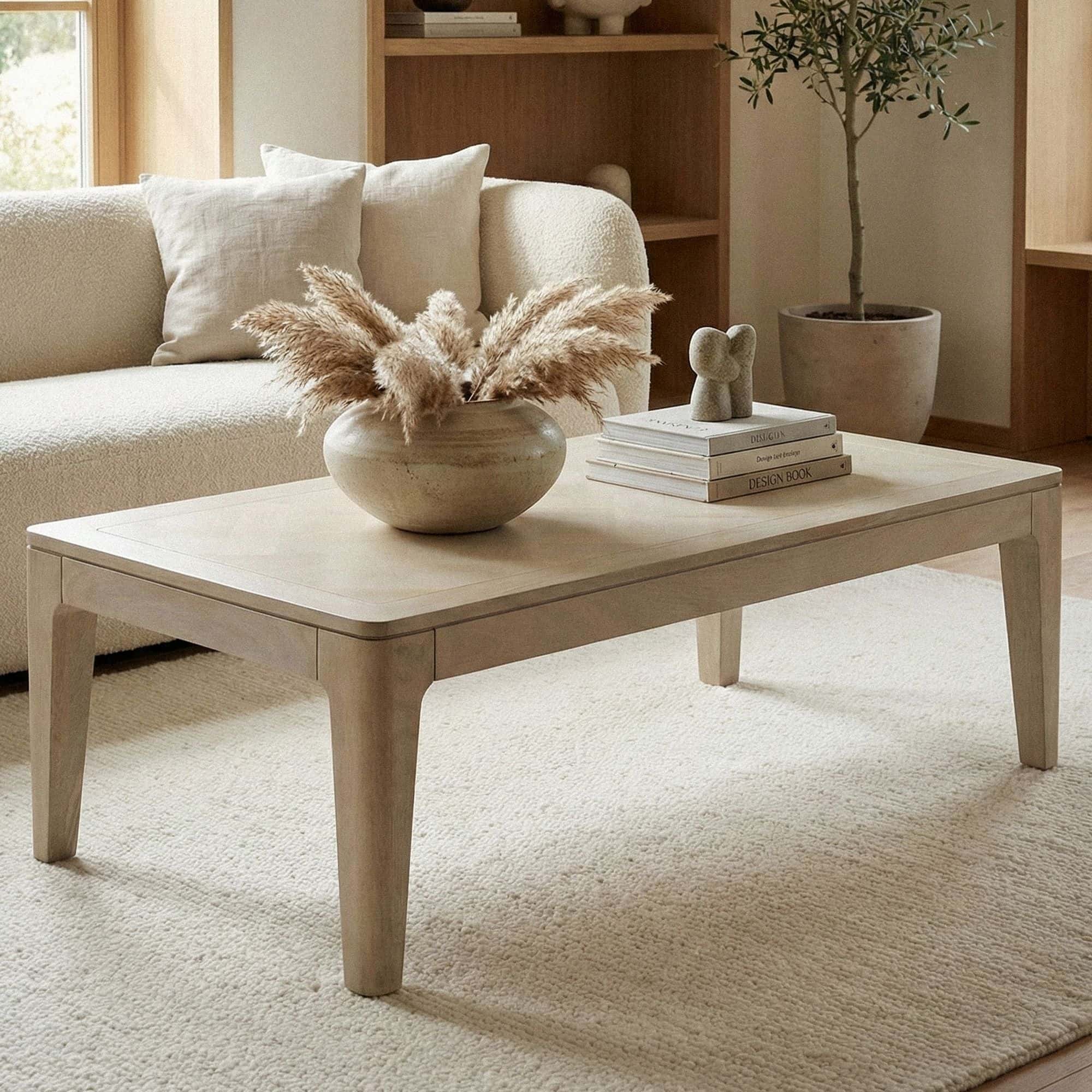 Couchtisch 120 x 60 cm Massivholz Mango white wash - Wohnzimmertisch Rechteckig - Sofatisch Modern Holz - Design Wohnzimmer Tisch Handmade