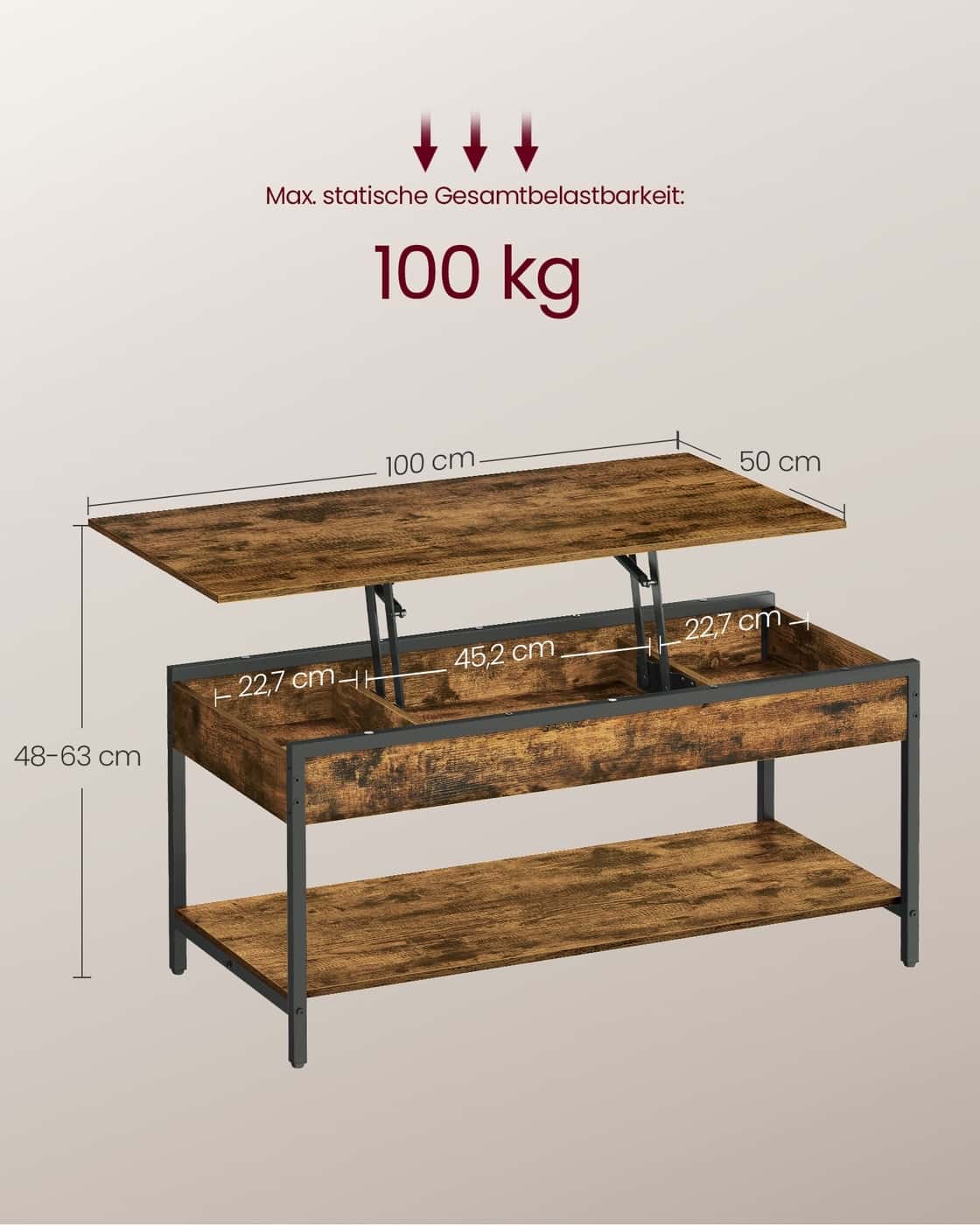 Couchtisch höhenverstellbar 50 × 100 cm mit Fach vintagebraun-tintenschwarz