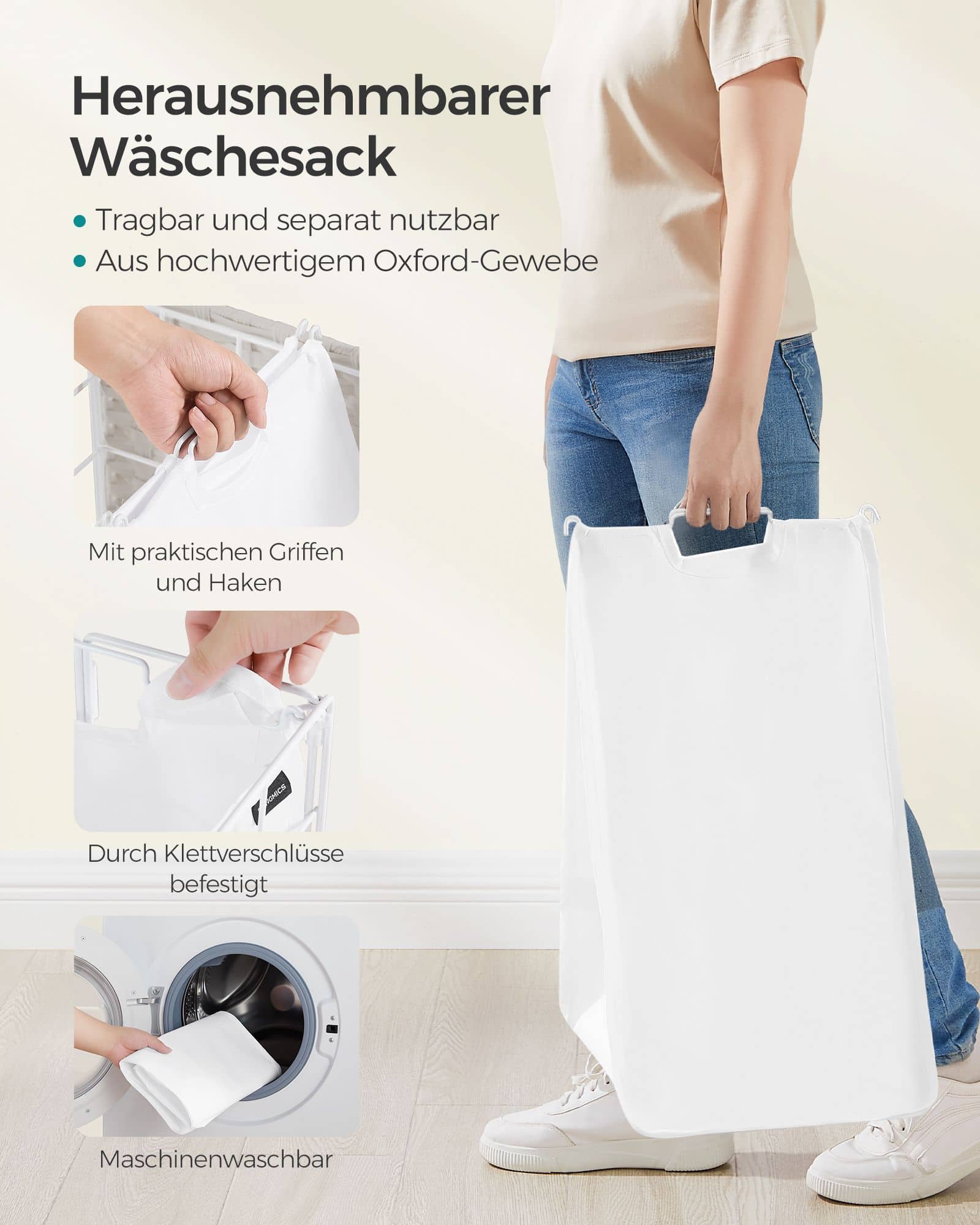 Wäschesammler mit Rollen und Wäschesack wolkenweiß Wäschesammler mit Rollen und Wäschesack wolkenweiß