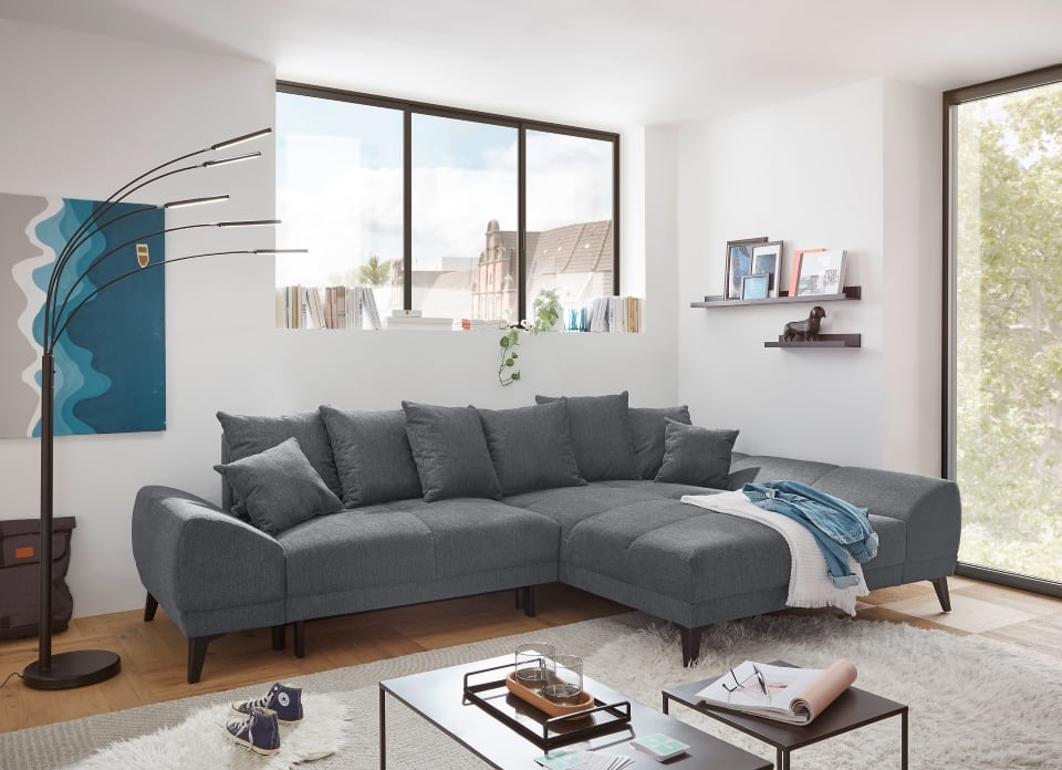 Sofa Scott mit Schlaffunktion und Bettkasten von ED Exciting Design – Beidseitig montierbar, Mikrofaser Flachgewebe, in 5 Farben wählbar