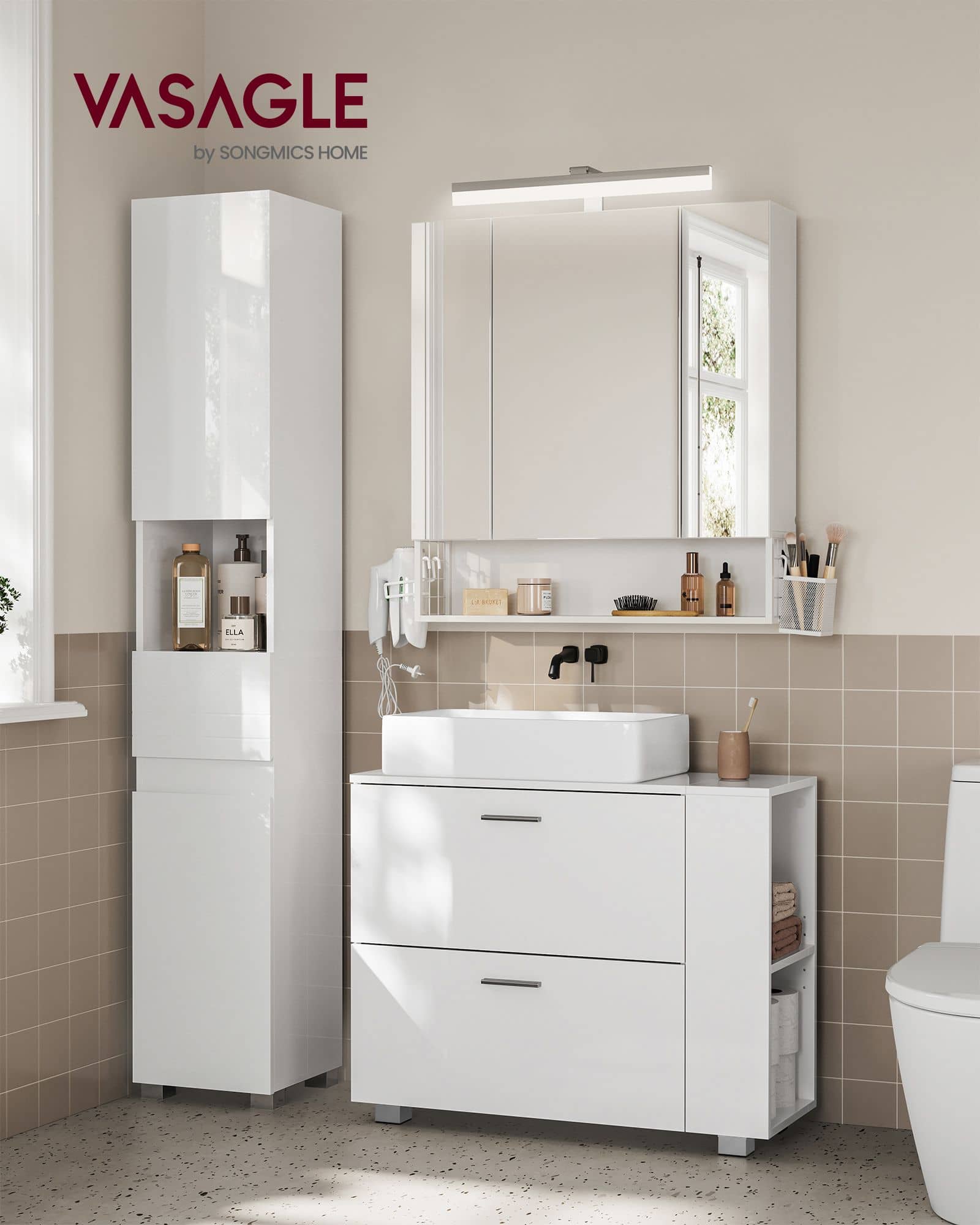 Waschbeckenunterschrank mit offenen Fächern an einer Seite