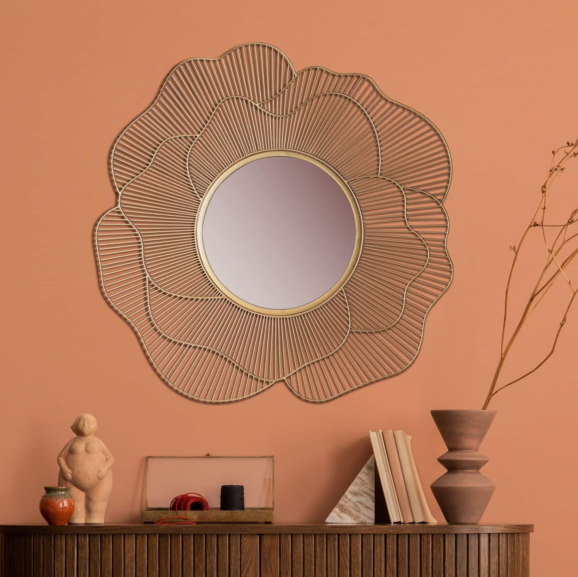 Wandspiegel Rose 77 cm Metall Design Hängespiegel Gold Wandspiegel Rose 77 cm Metall Design Hängespiegel Gold