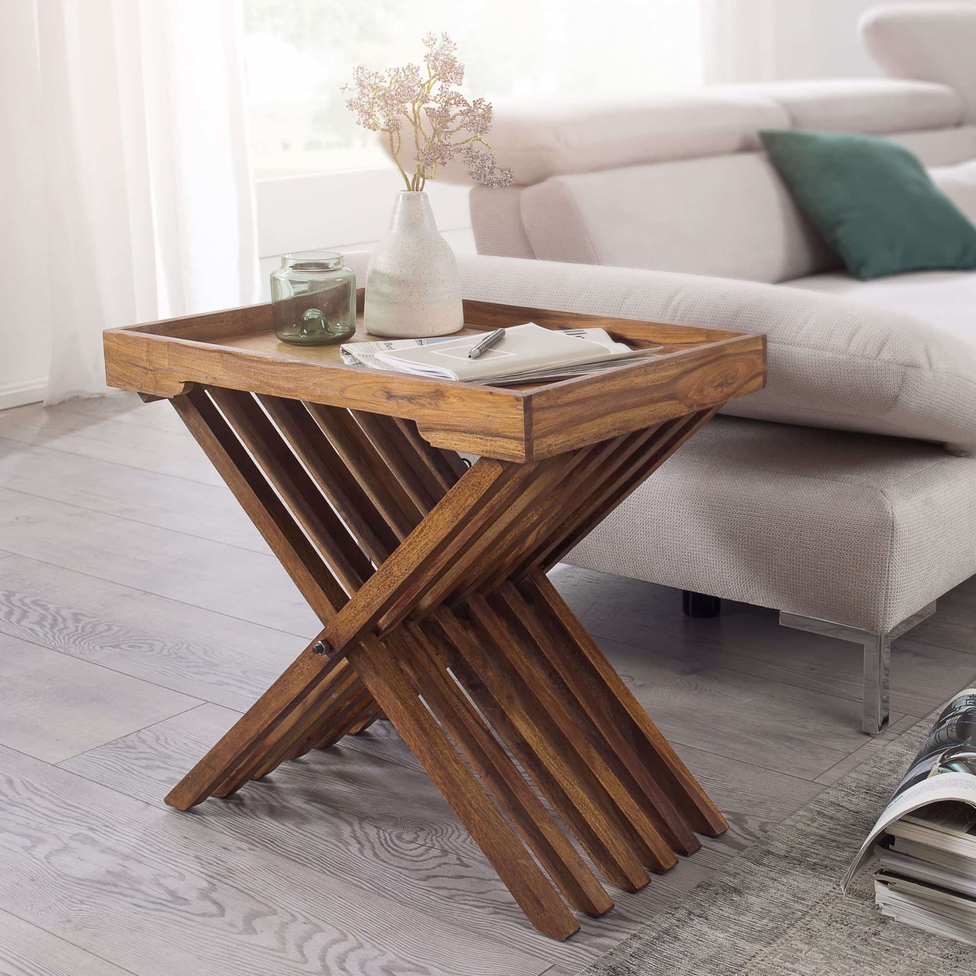 40306-WOHNLING-Beistelltisch-MUMBAI-Massivholz-Sheeao39ZZHEHuoVN Beistelltisch MUMBAI Massivholz Sheesham Design Klapptisch Serviertablett und Tisch-Gestell klappbar Landhaus-Stil
