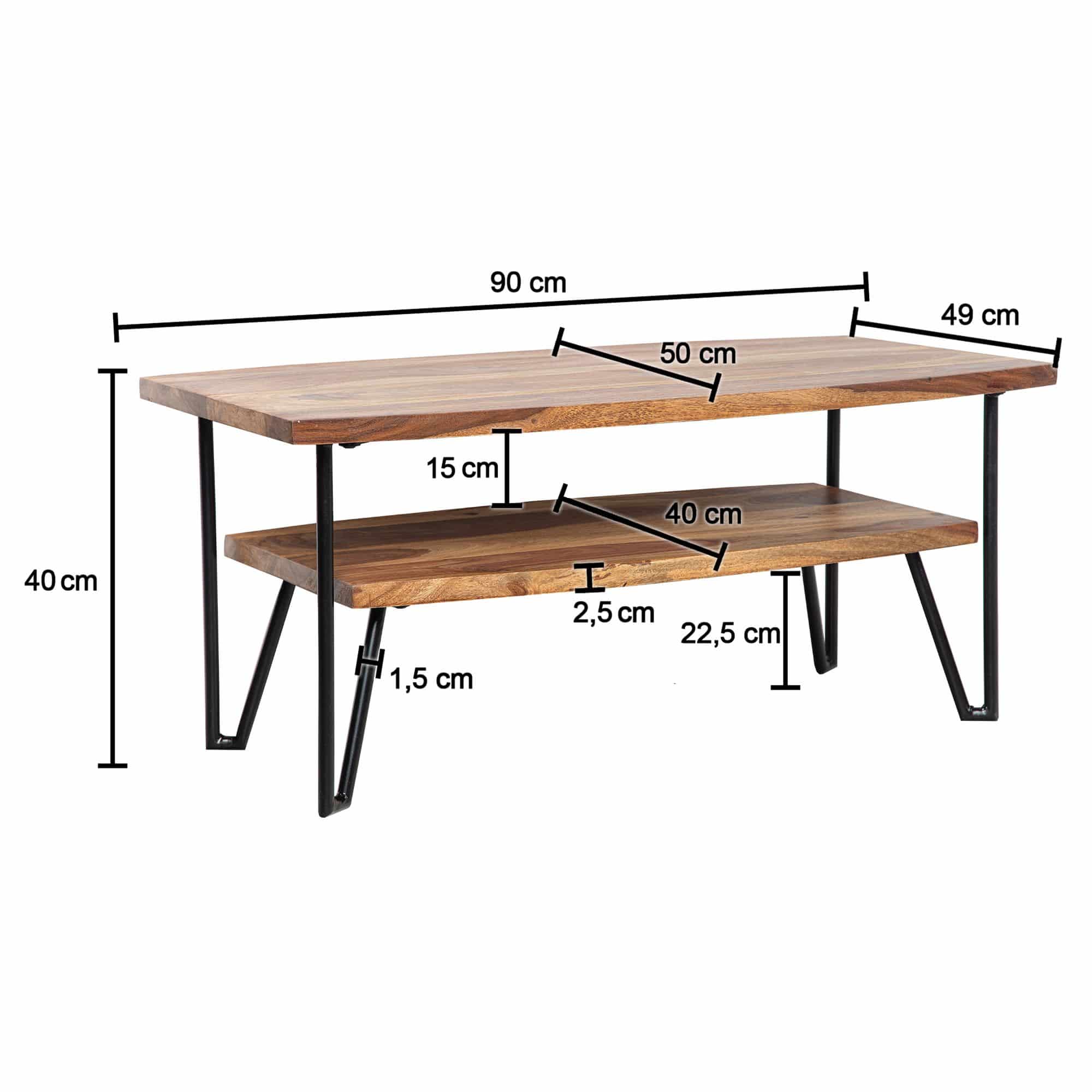 75569-WOHNLING-Couchtisch-90x50x40-cm-Sheesham-Massivholz-Metall-Sofatisch Couchtisch 90x50x40 cm Sheesham