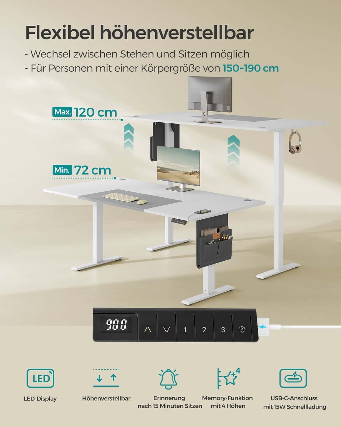 Höhenverstellbarer Schreibtisch elektrisch basisweiß-taubengrau