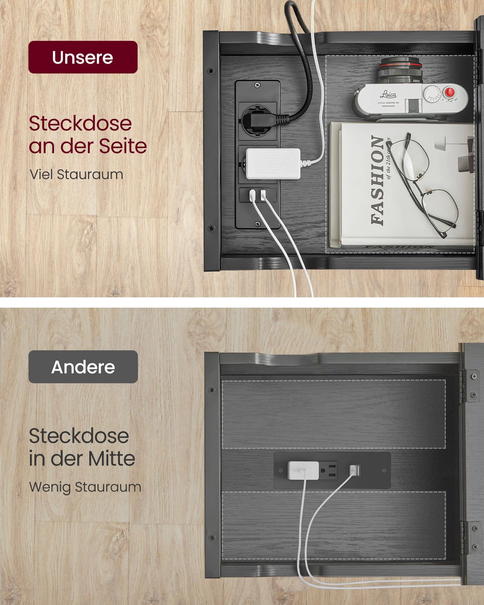 Beistelltisch mit Steckdose und USB-Anschlüssen schwarz mit Holzmaserung Beistelltisch mit Steckdose und USB-Anschlüssen schwarz mit Holzmaserung