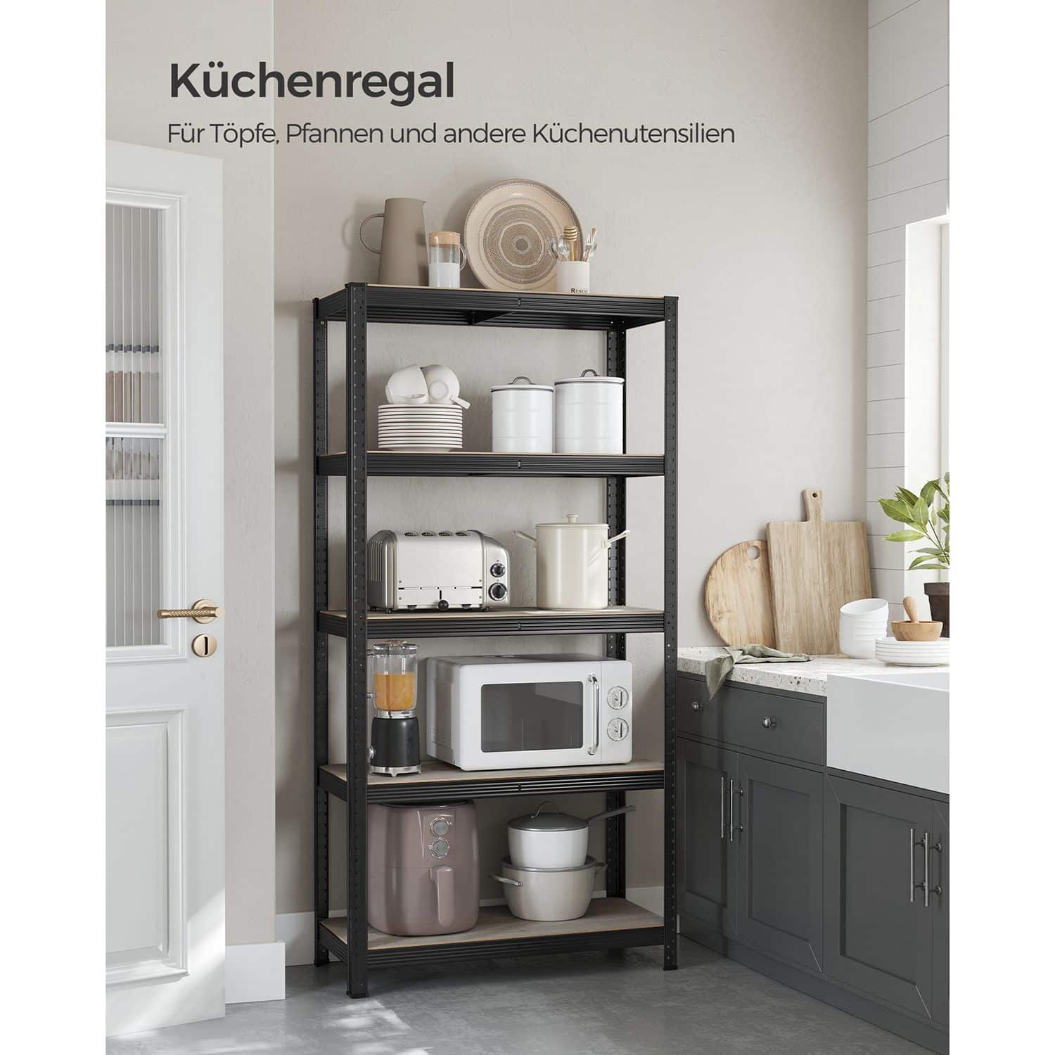 Standregal verstellbar mit 5 Ablagen 40 x 90 x 180 cm Greige-schwarz-B34GLR040B21 Standregal verstellbar mit 5 Ablagen 40 x 90 x 180 cm Greige-schwarz-B34GLR040B21