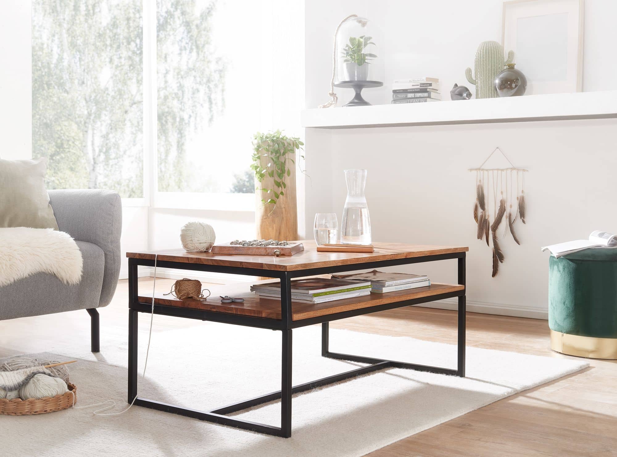 Couchtisch 100x60x45 cm Massivholz Metall Sofatisch Wohnzimmertisch Akazie Couchtisch 100x60x45 cm Massivholz Metall Sofatisch Wohnzimmertisch Akazie
