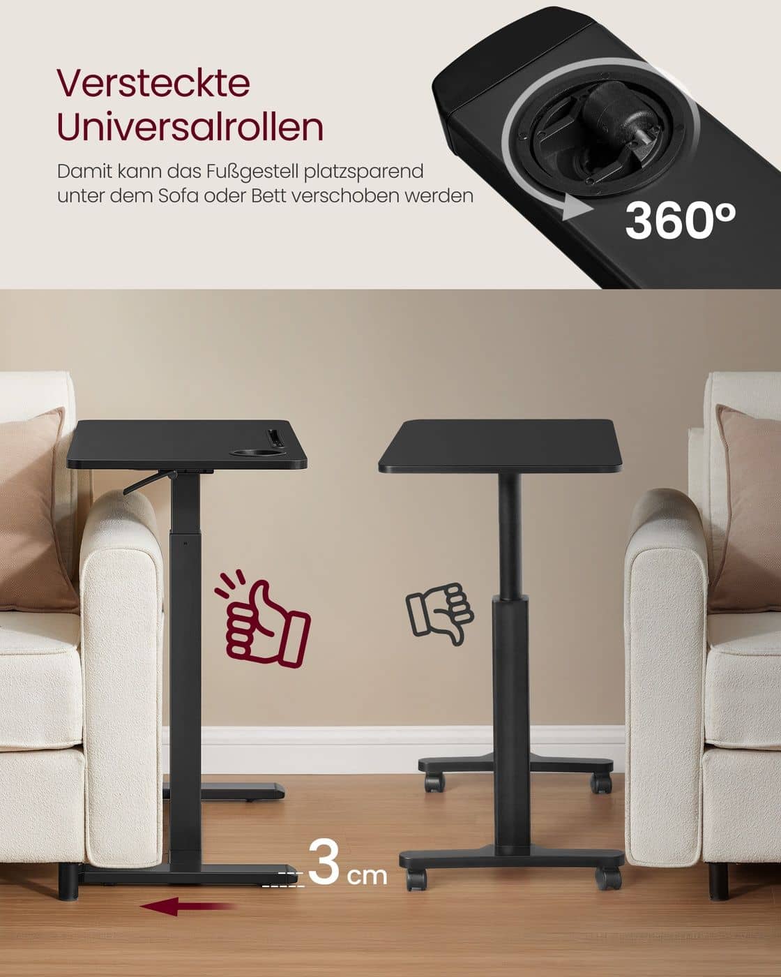 Mobiler Beistelltisch mit Rollen und Getränkehaltern Tintenschwarz