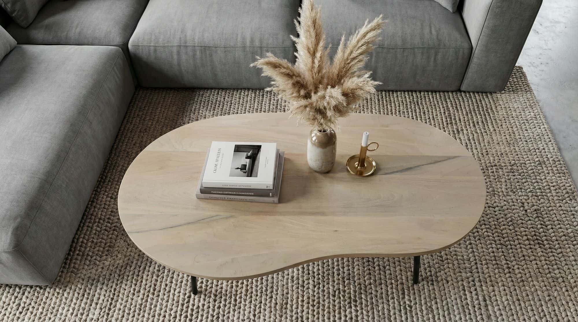 Couchtisch Nierenform Mango Massivholz white wash 122 cm - Wohnzimmertisch Holz - Sofatisch Retro - Beistelltisch Metall Gestell - Design Tisch Handmade