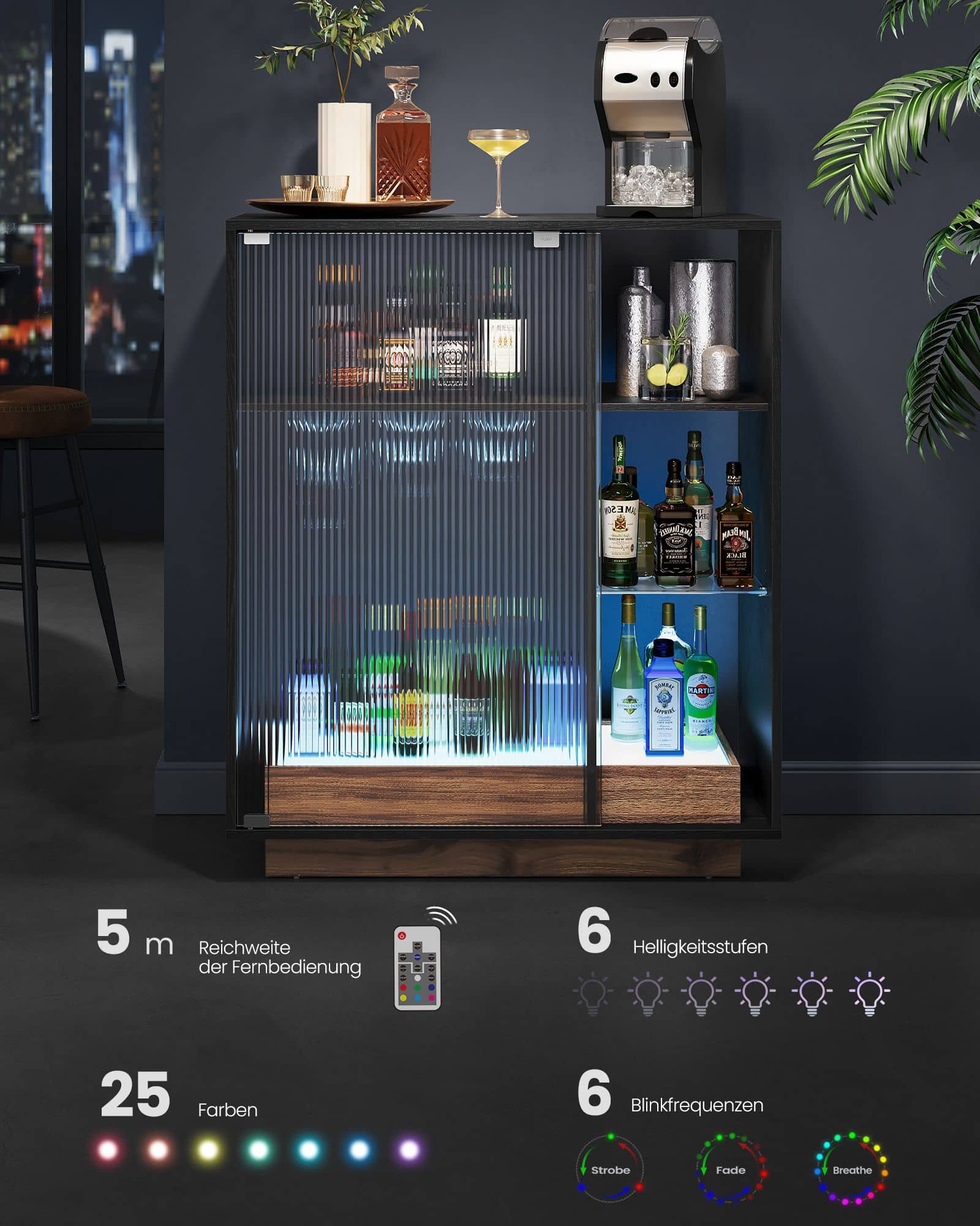 Weinschrank mit Beleuchtung und geriffelter Glastür Weinschrank mit Beleuchtung und geriffelter Glastür