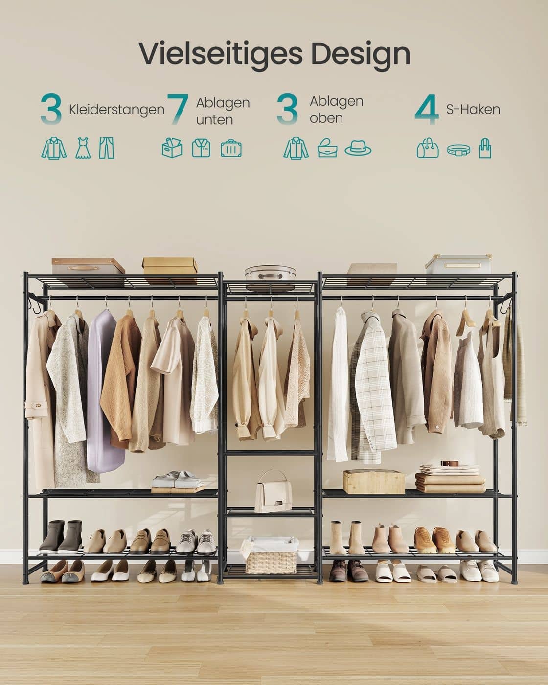 Offener Kleiderschrank mit 10 Ablagen und 3 Kleiderstangen Offener Kleiderschrank mit 10 Ablagen und 3 Kleiderstangen