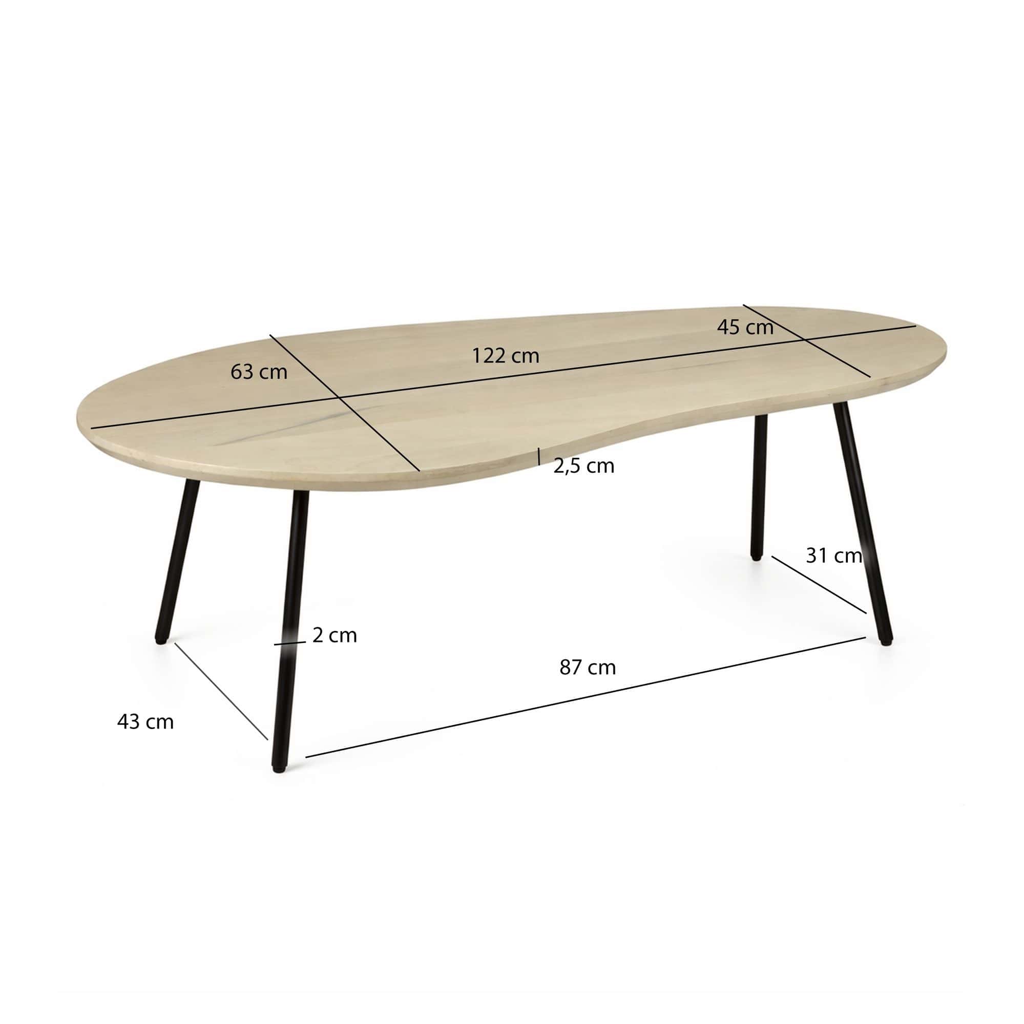 Couchtisch Nierenform Mango Massivholz white wash 122 cm - Wohnzimmertisch Holz - Sofatisch Retro - Beistelltisch Metall Gestell - Design Tisch Handmade