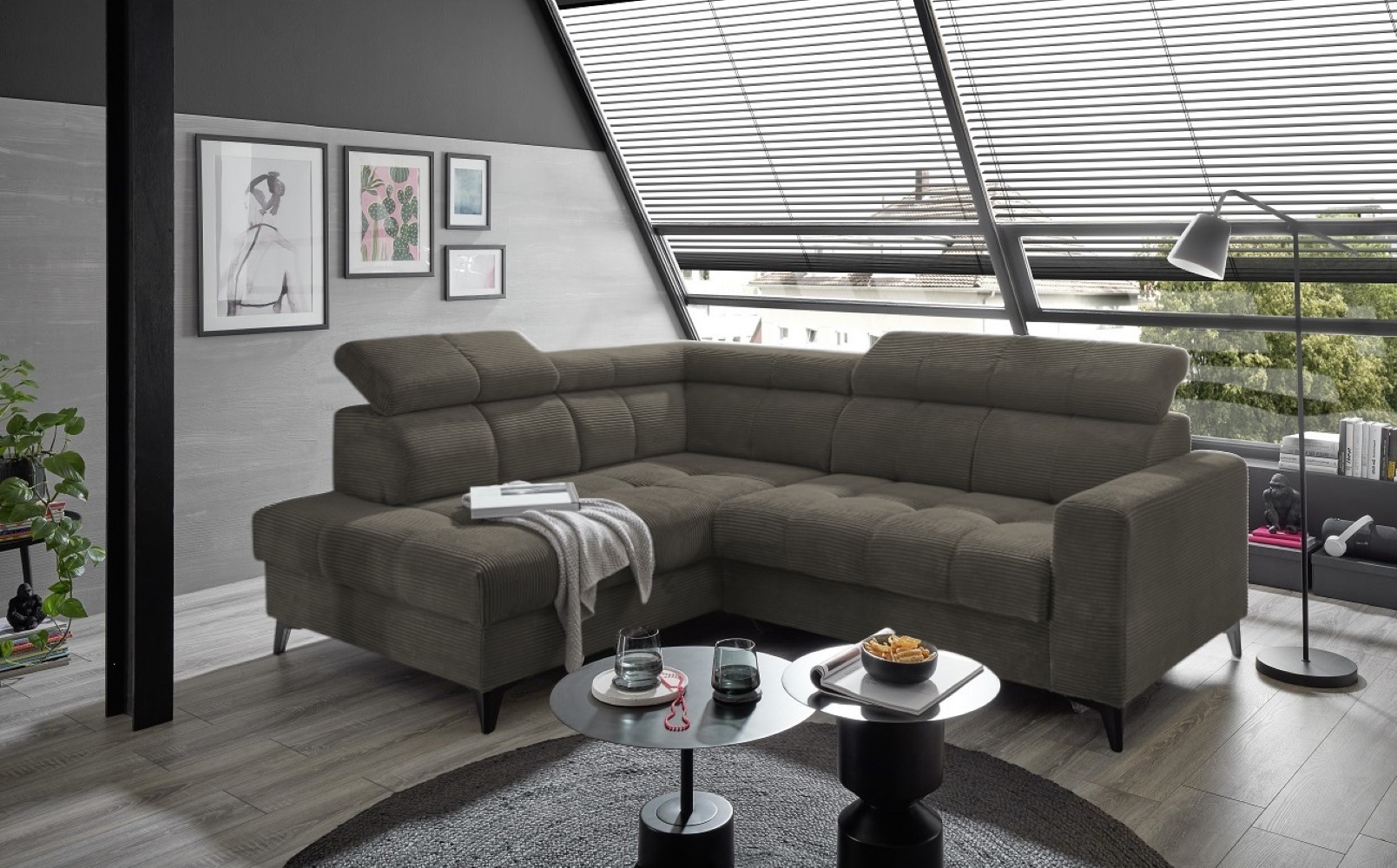 Ecksofa Bavaro elektronischer Sitztiefenverstellung und Breitcord-Bezug Ed Exciting Design