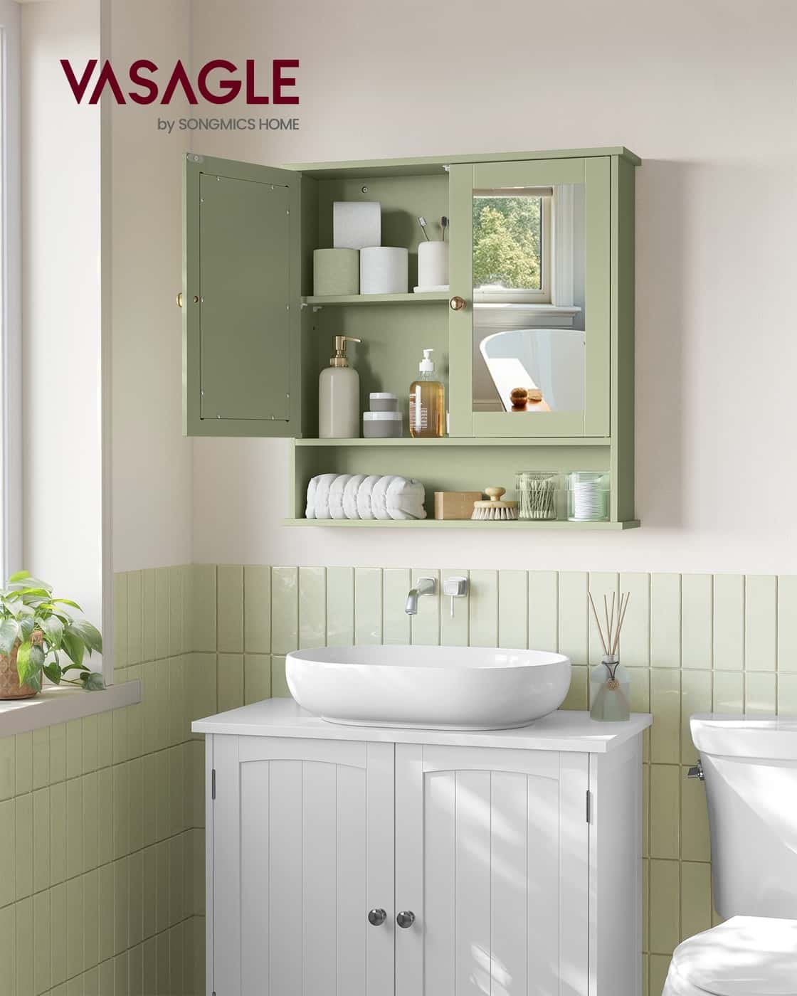 Spiegelschrank mit 2 Spiegeltüren und offenem Fach Wandmontage salbeigrün