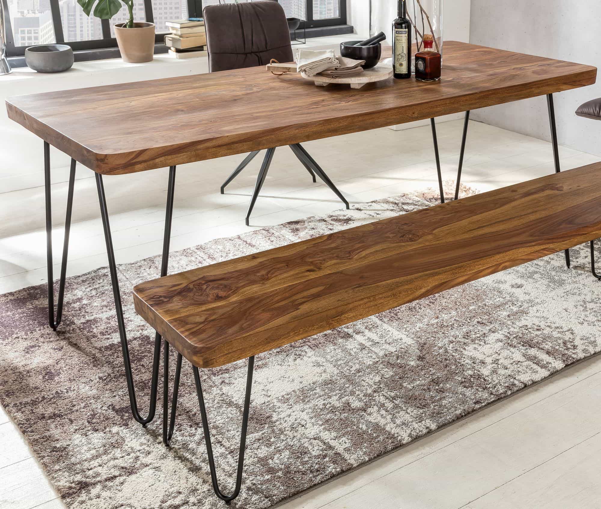 Esstisch BAGLI Massivholz Sheesham 200 x 80 x 76 cm Esszimmer-Tisch Küchentisch modern Landhaus-Stil Holztisch mit Metallbeinen dunkel-braun Natur-Produkt Massivholzmöbel