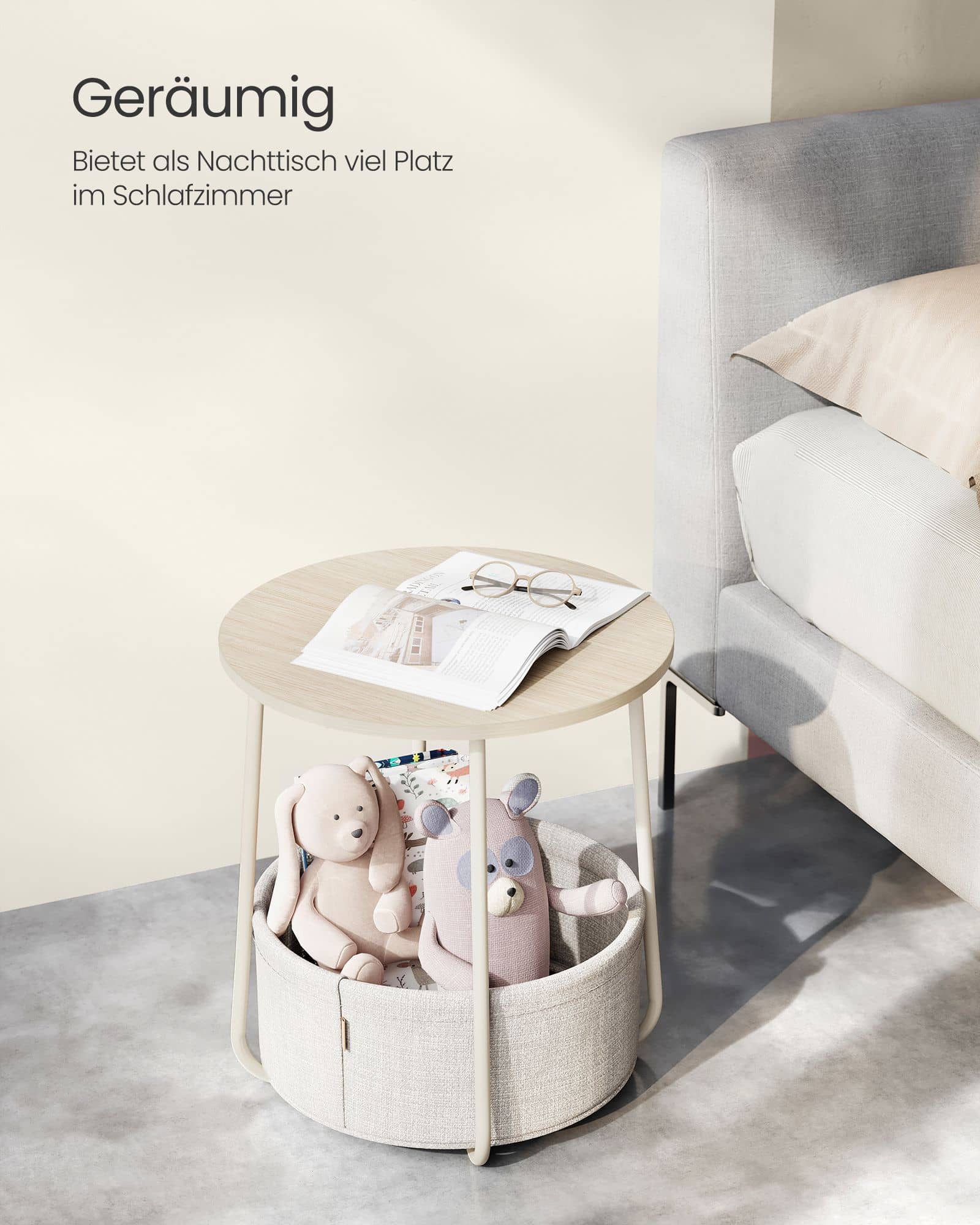 Beistelltisch rund mit Korb aus Stoff Beistelltisch rund mit Korb aus Stoff