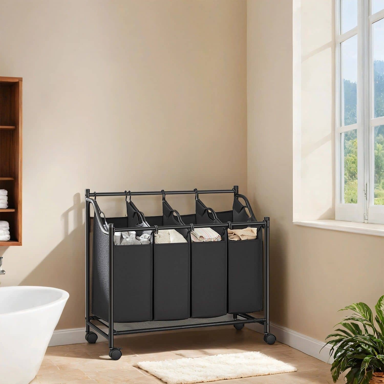 Wäschekorb mit Rollen, 4 x 35 L, Wäschesammler mit 4 abnehmbaren Wäschesäcken Wäschekorb mit Rollen, 4 x 35 L, Wäschesammler mit 4 abnehmbaren Wäschesäcken