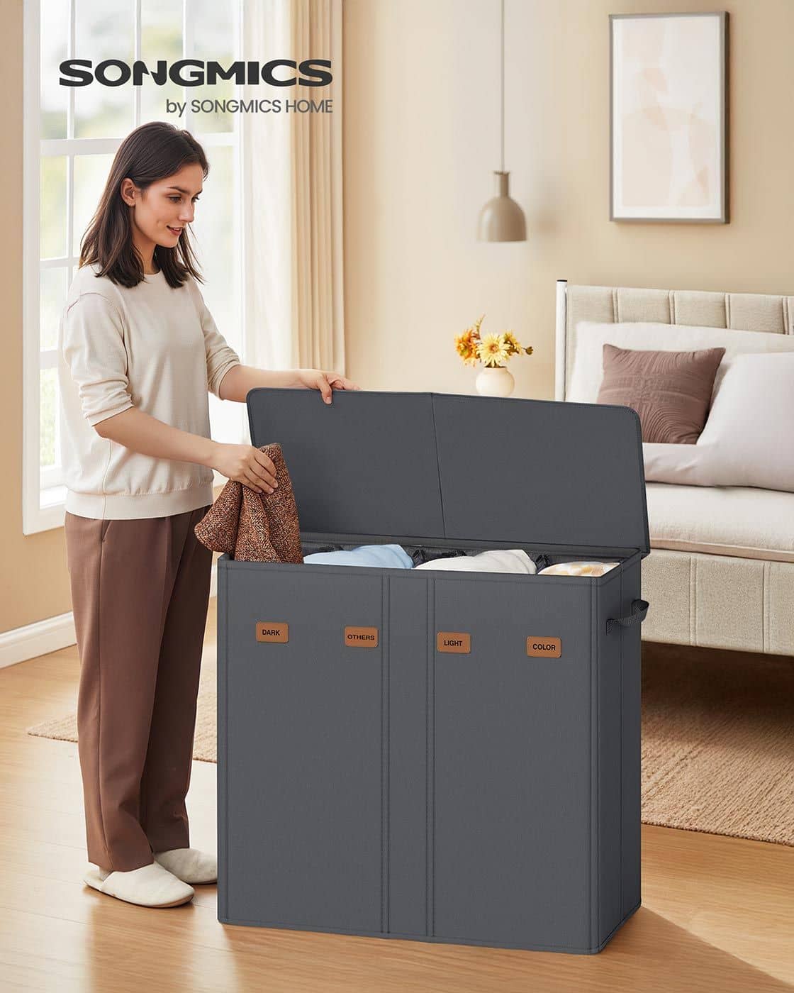 Wäschekorb mit drei Fächern Deckel und waschbarem Innensack