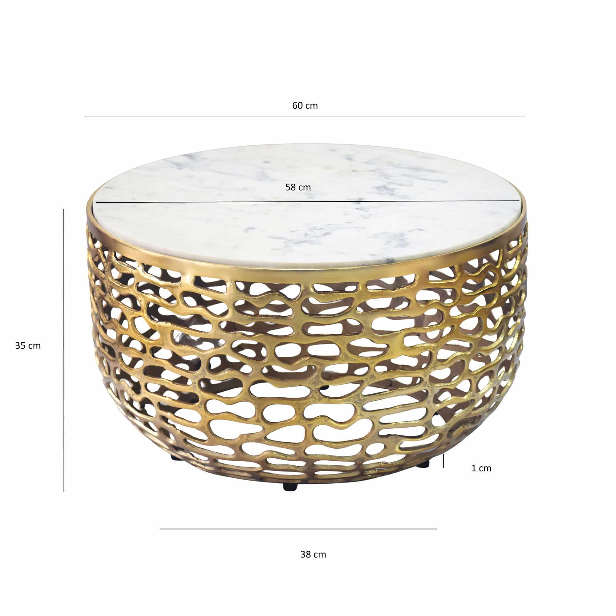 Design Metall Couchtisch Gold mit weißer Marmor Tischplatte 60 cm rund - Aluminium Wohnzimmertisch Modern - Loungetisch Alu Beistelltisch Wohnzimmer Handmade