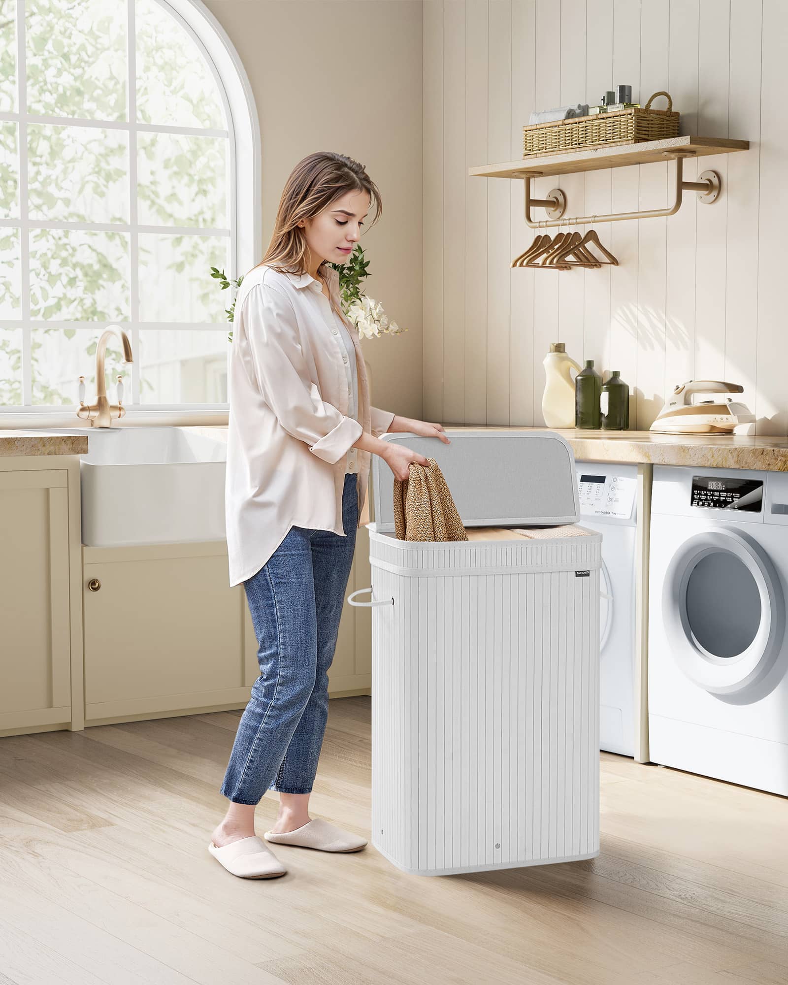 Wäschekorb mit Deckel aus Bambus 72 Liter wolkenweiß Wäschekorb mit Deckel aus Bambus 72 Liter wolkenweiß