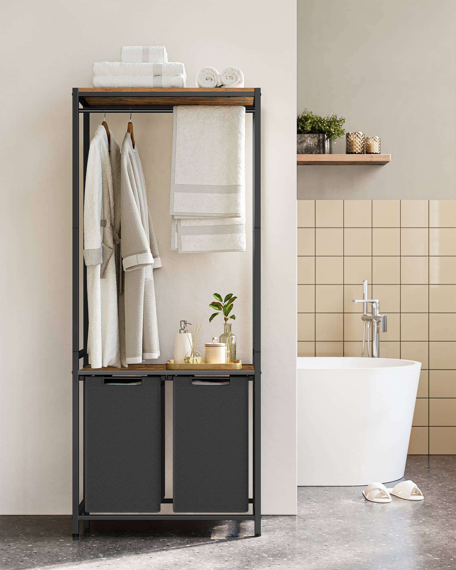 Wäschekorb mit Garderobenständer 2 Fächer vintagebraun-klassikschwarz Wäschekorb mit Garderobenständer 2 Fächer vintagebraun-klassikschwarz