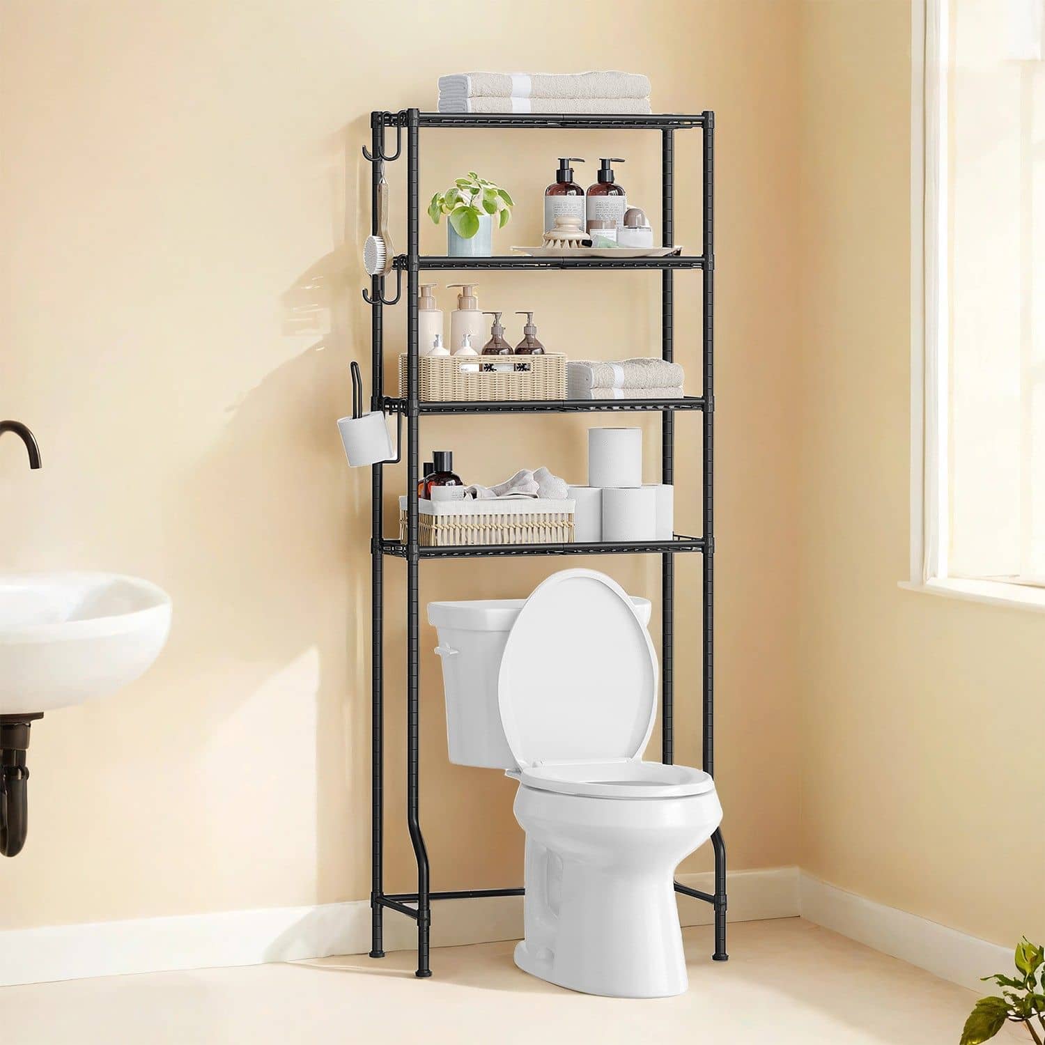 4-stöckiges Toilettenregal mit Haken platzsparend schwarz 4-stöckiges Toilettenregal mit Haken platzsparend schwarz