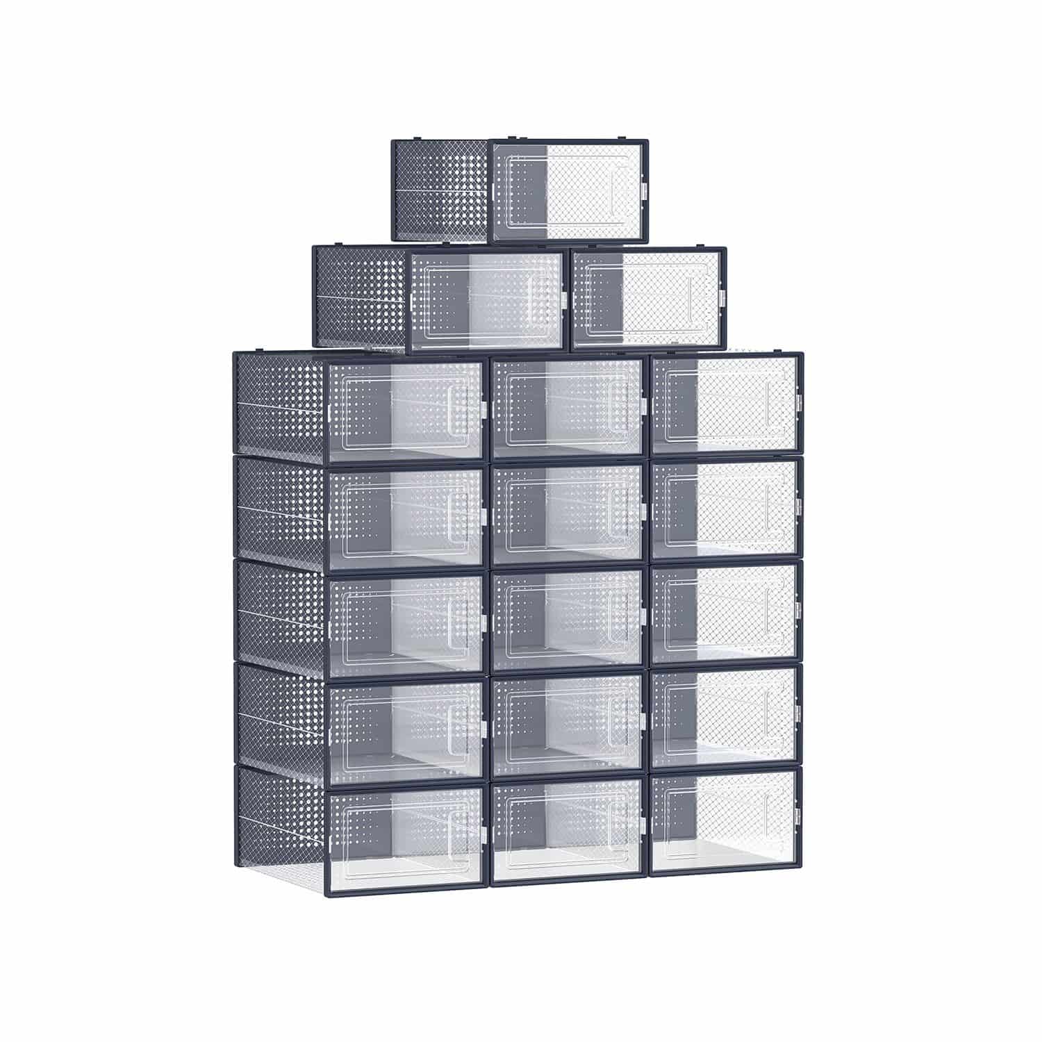 Schuhboxen 18er Set faltbar und stapelbar transparent-anthrazitblau
