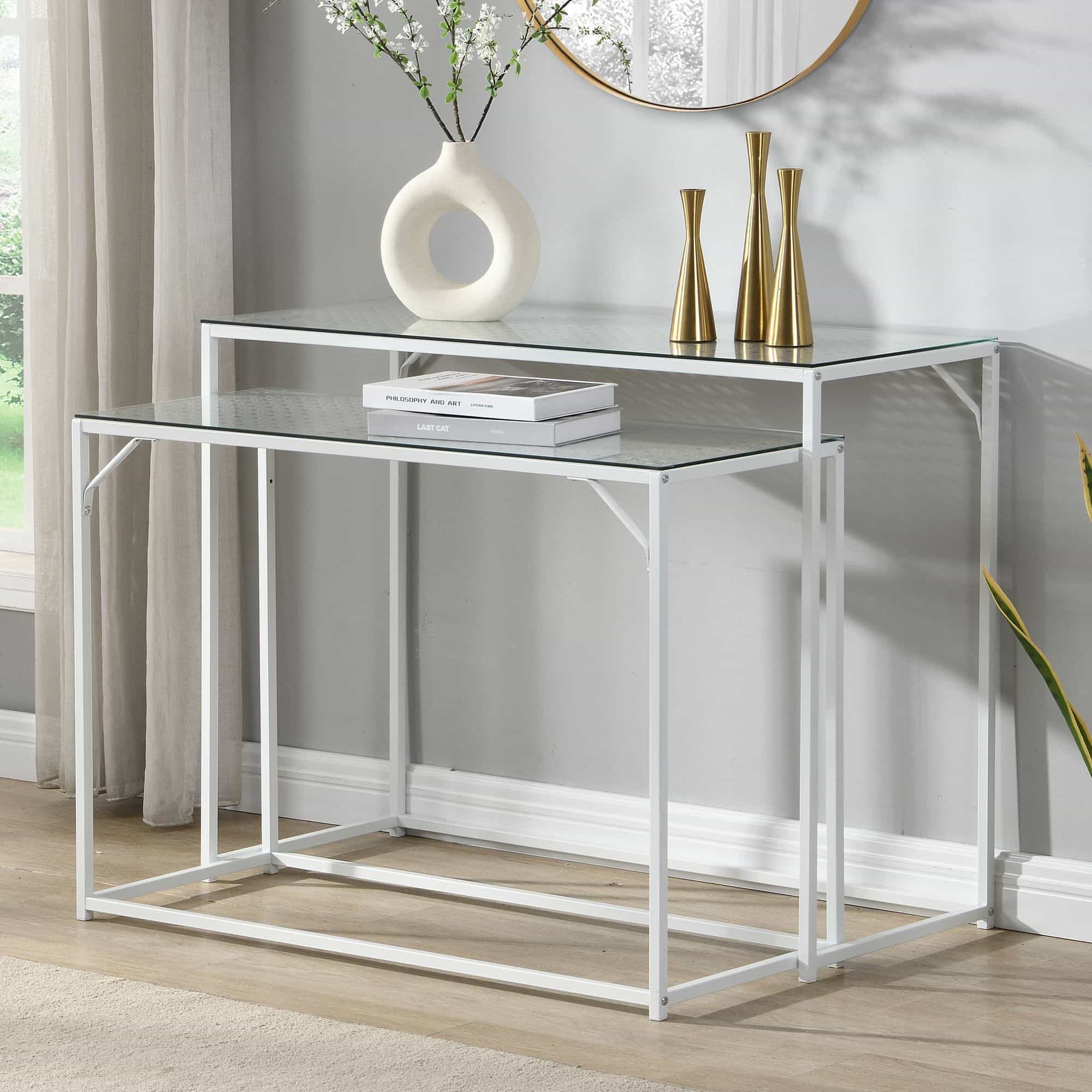 Konsolentisch Set 2er Weiß Metall mit Glasplatte Konsolentisch Set 2er Weiß Metall mit Glasplatte