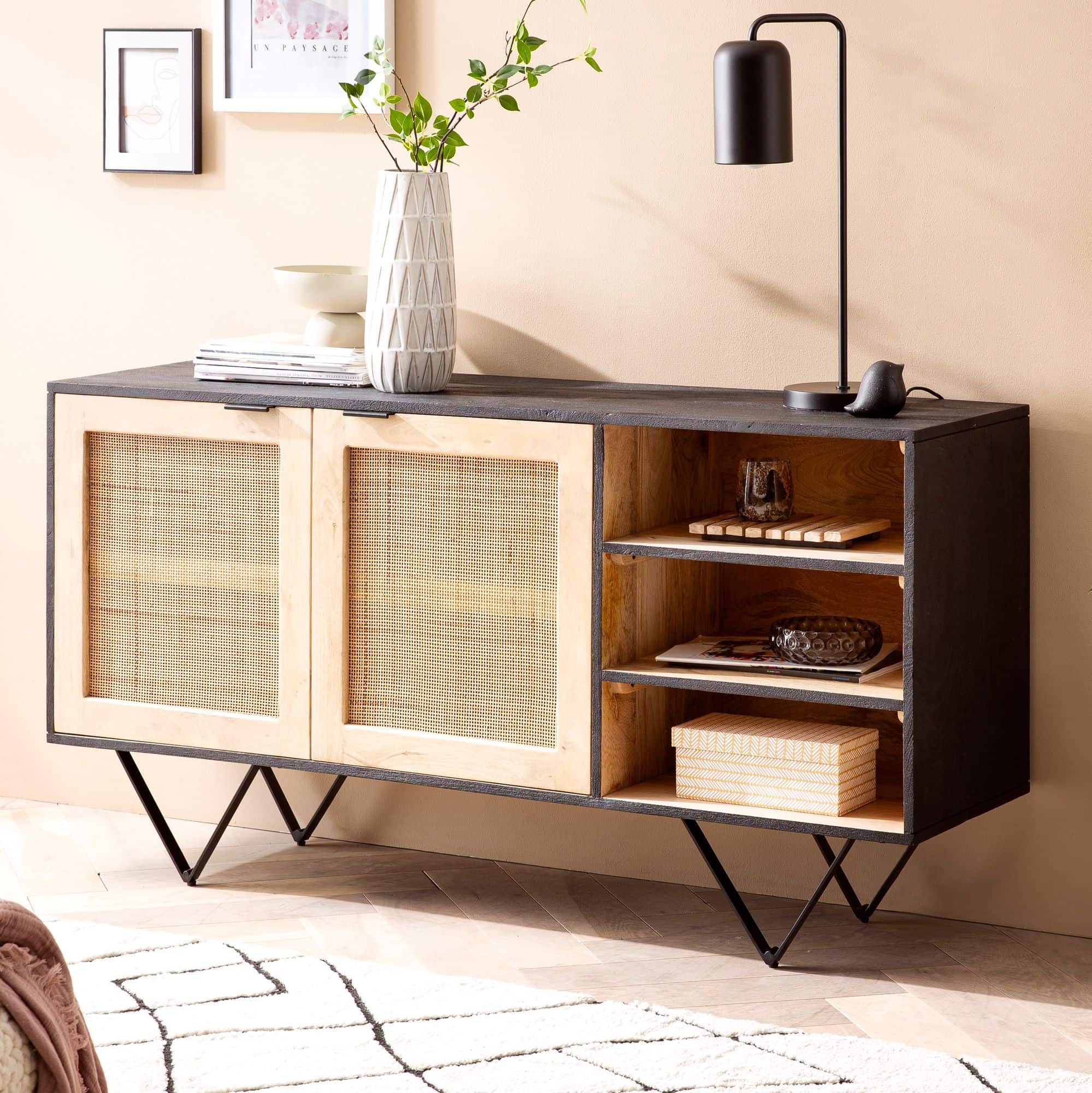 Sideboard 145x75x40 cm Mango Massivholz / Rattan Kommode mit 2 Türen Sideboard 145x75x40 cm Mango Massivholz / Rattan Kommode mit 2 Türen