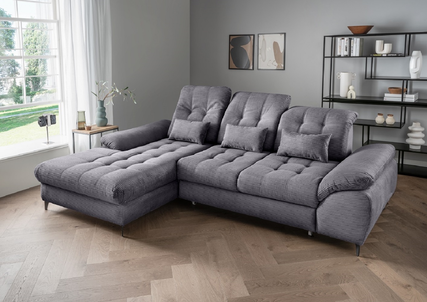 Das Ecksofa Modell Delphino in Cord  – Schlaffunktion und Bettkasten inklusive