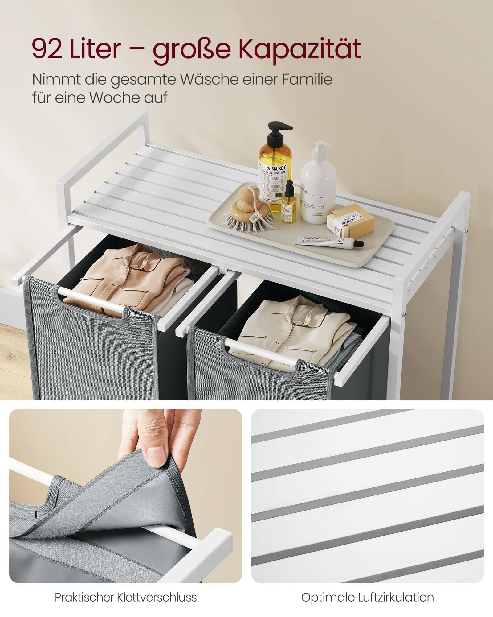 Wäschekorb 2 x 46 Liter mit Ablage 73 x 33 x 72 cm Wäschekorb 2 x 46 Liter mit Ablage 73 x 33 x 72 cm