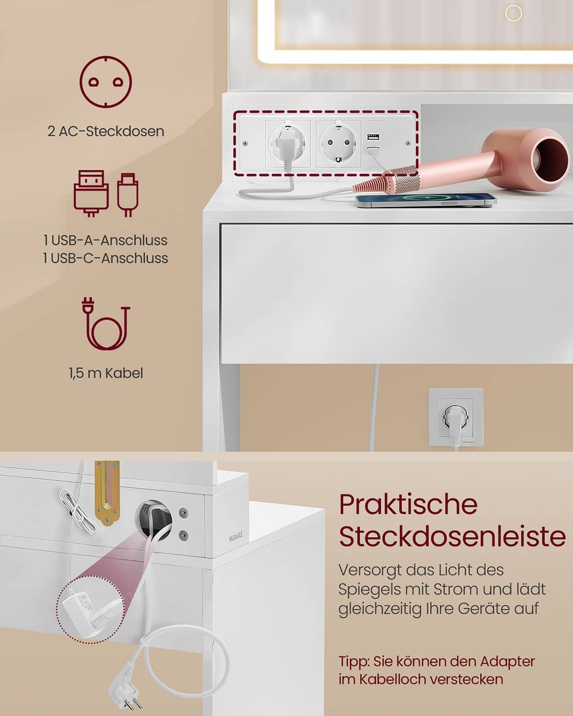 Schminktisch mit LED-Beleuchtung 90 cm breit Schminktisch mit LED-Beleuchtung 90 cm breit