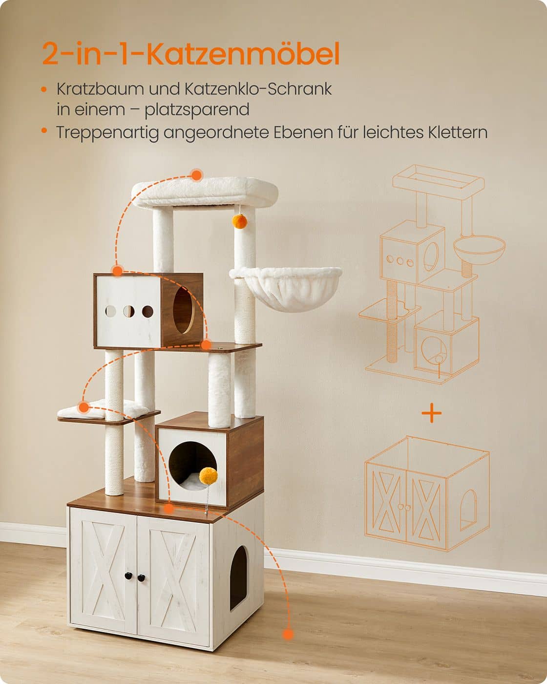 2-in-1-Kratzbaum mit Katzentoilette 180 cm hoch - honigbraun-vintageweiß 2-in-1-Kratzbaum mit Katzentoilette 180 cm hoch - honigbraun-vintageweiß